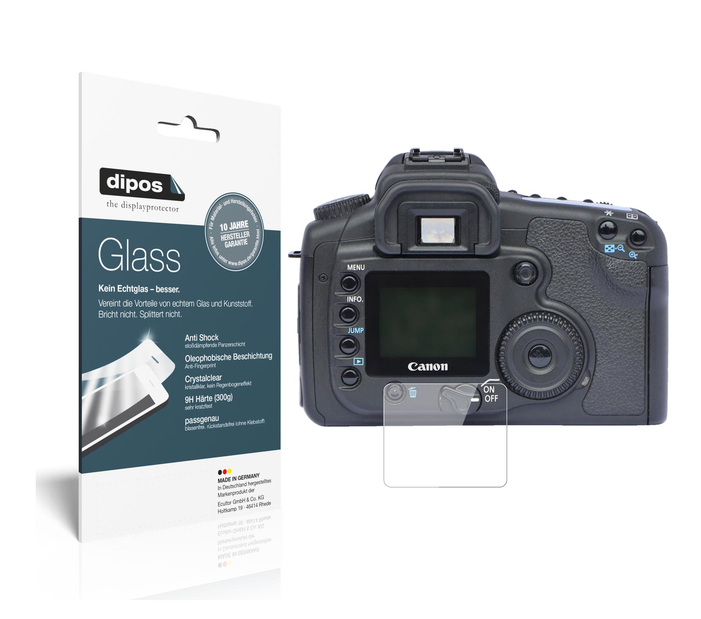 Klare Displayschutzfolie von dipos passend für Canon Eos 30D, 9H kratzfest und blasenfrei montiert