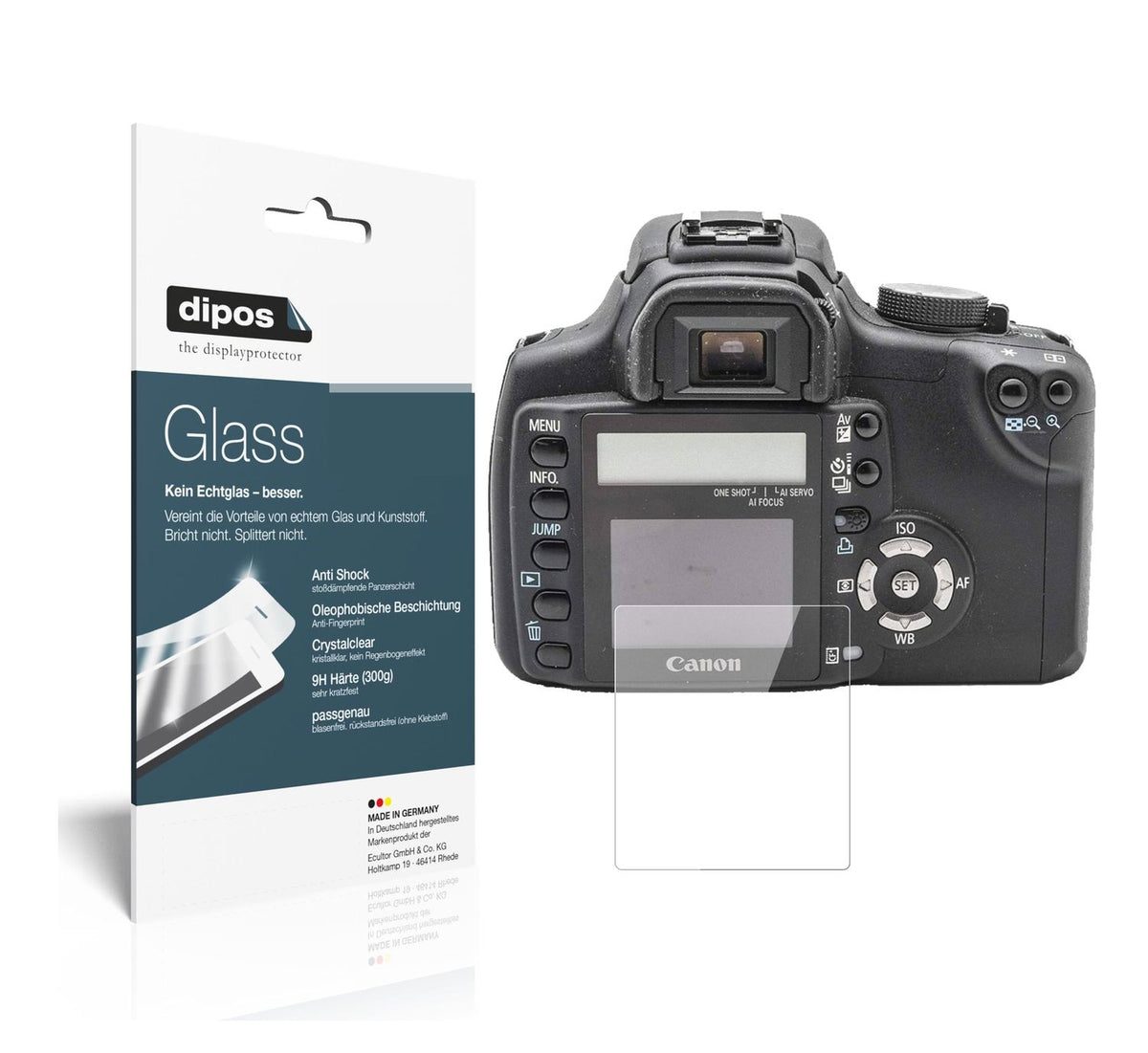Klare Displayschutzfolie von dipos passend für Canon EOS 350D, 9H kratzfest und blasenfrei montiert