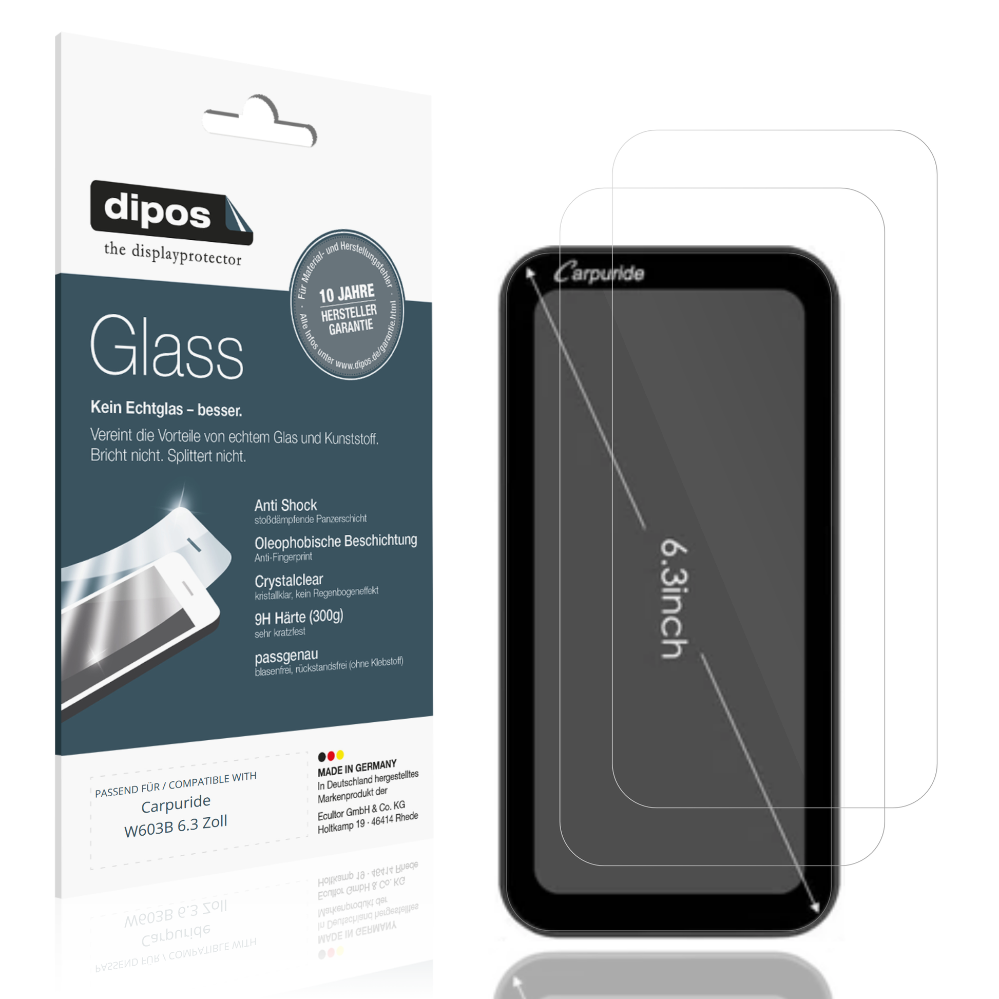 Klare Displayschutzfolie von dipos passend für Carpuride W603B 6.3 Zoll, 9H kratzfest und blasenfrei montiert