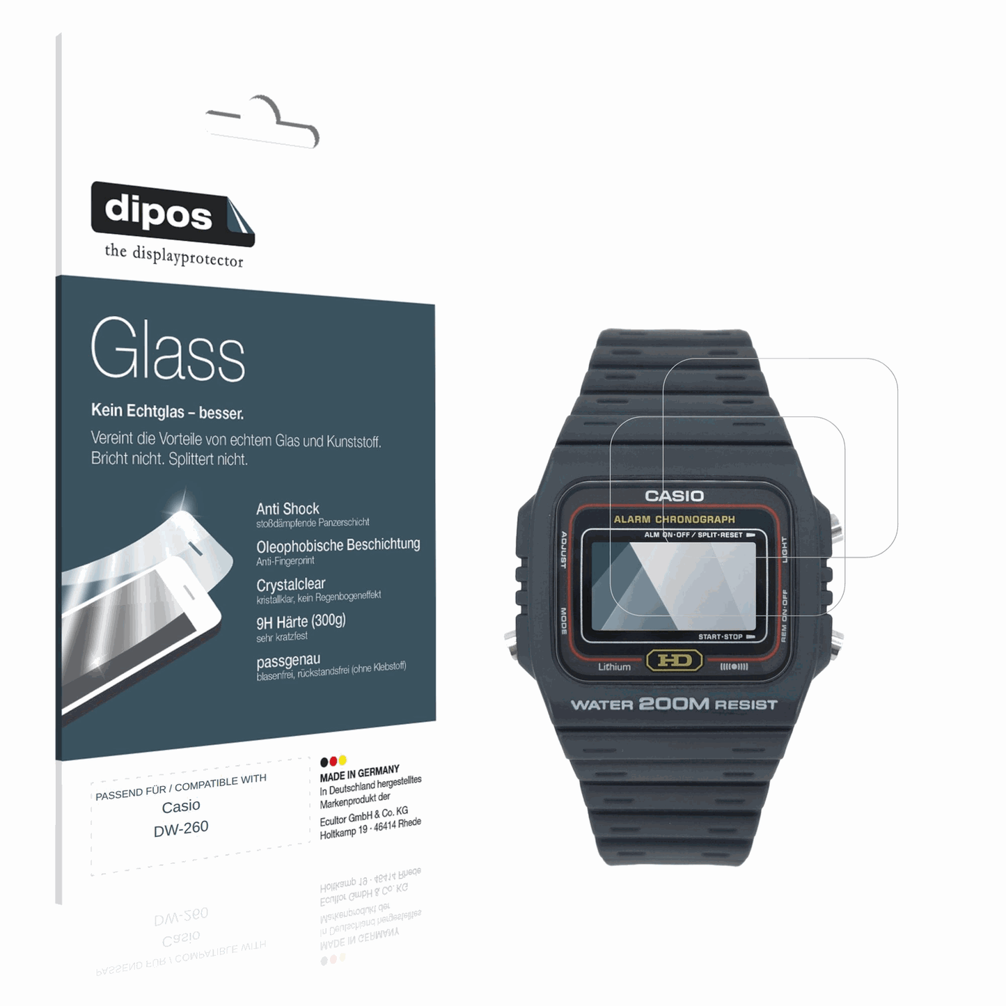 Klare Displayschutzfolie von dipos passend für Casio DW-260, 9H kratzfest und blasenfrei montiert