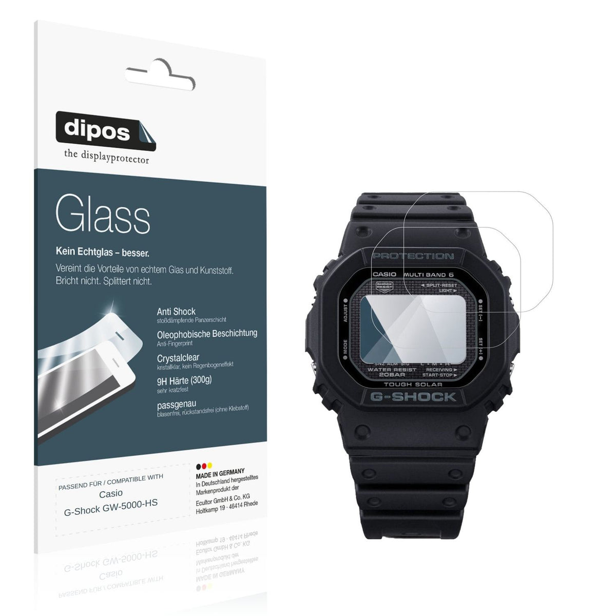 Klare Displayschutzfolie von dipos passend für Casio G-Shock GW-5000-HS, 9H kratzfest und blasenfrei montiert