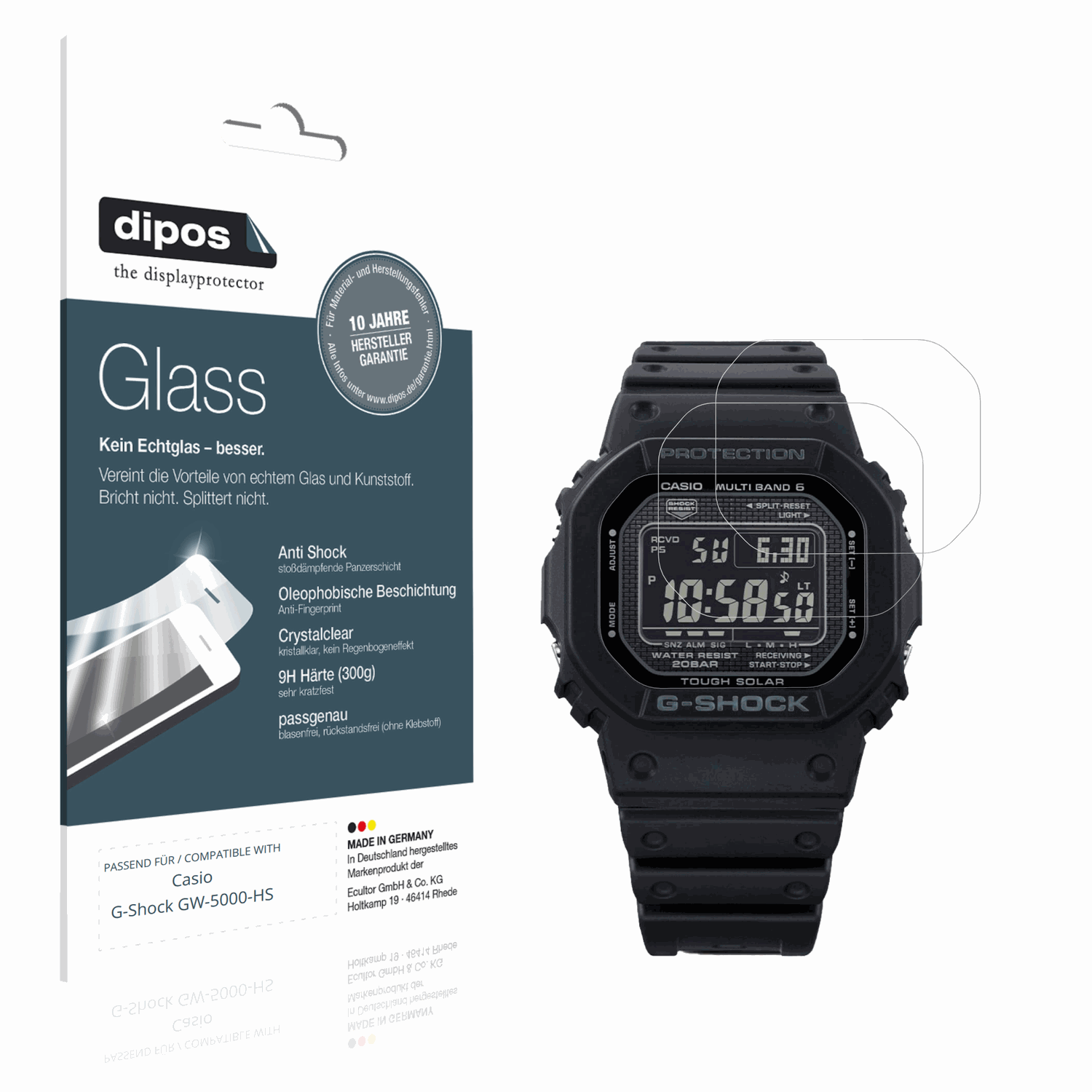 Klare Displayschutzfolie von dipos passend für Casio G-Shock GW-5000-HS, 9H kratzfest und blasenfrei montiert