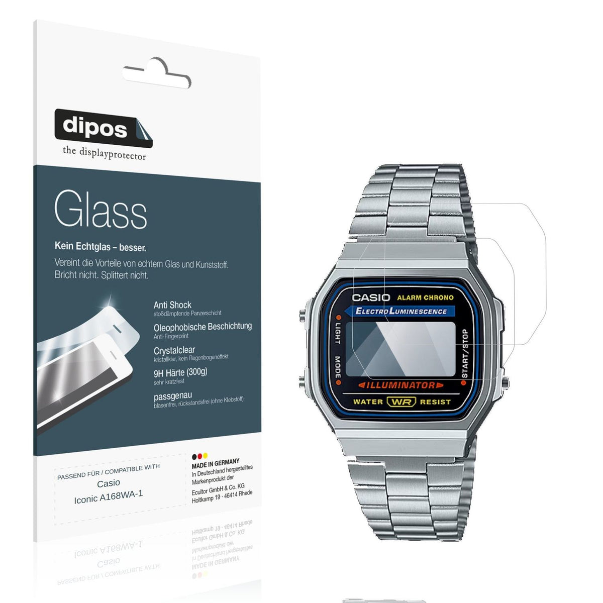 Klare Displayschutzfolie von dipos passend für Casio Iconic A168WA-1, 9H kratzfest und blasenfrei montiert