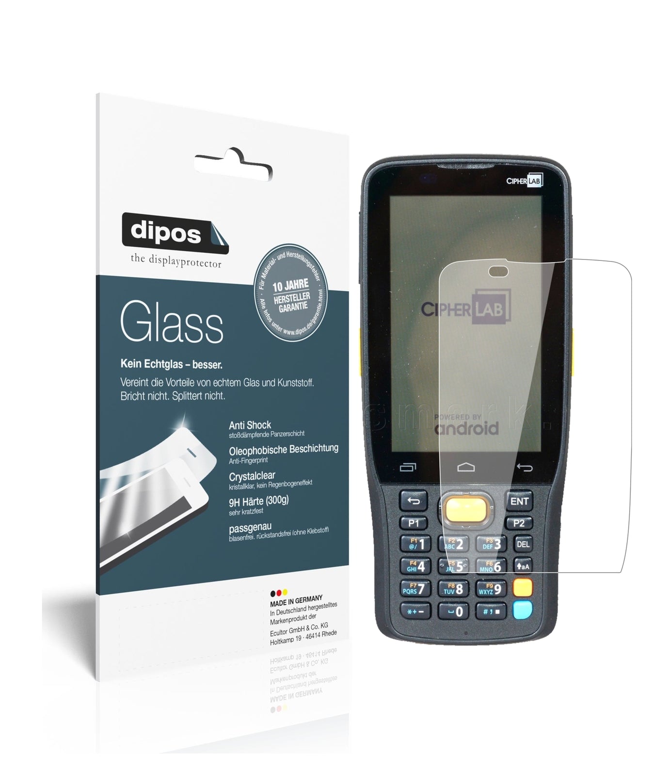 Klare Displayschutzfolie von dipos passend für CipherLab RK25, 9H kratzfest und blasenfrei montiert