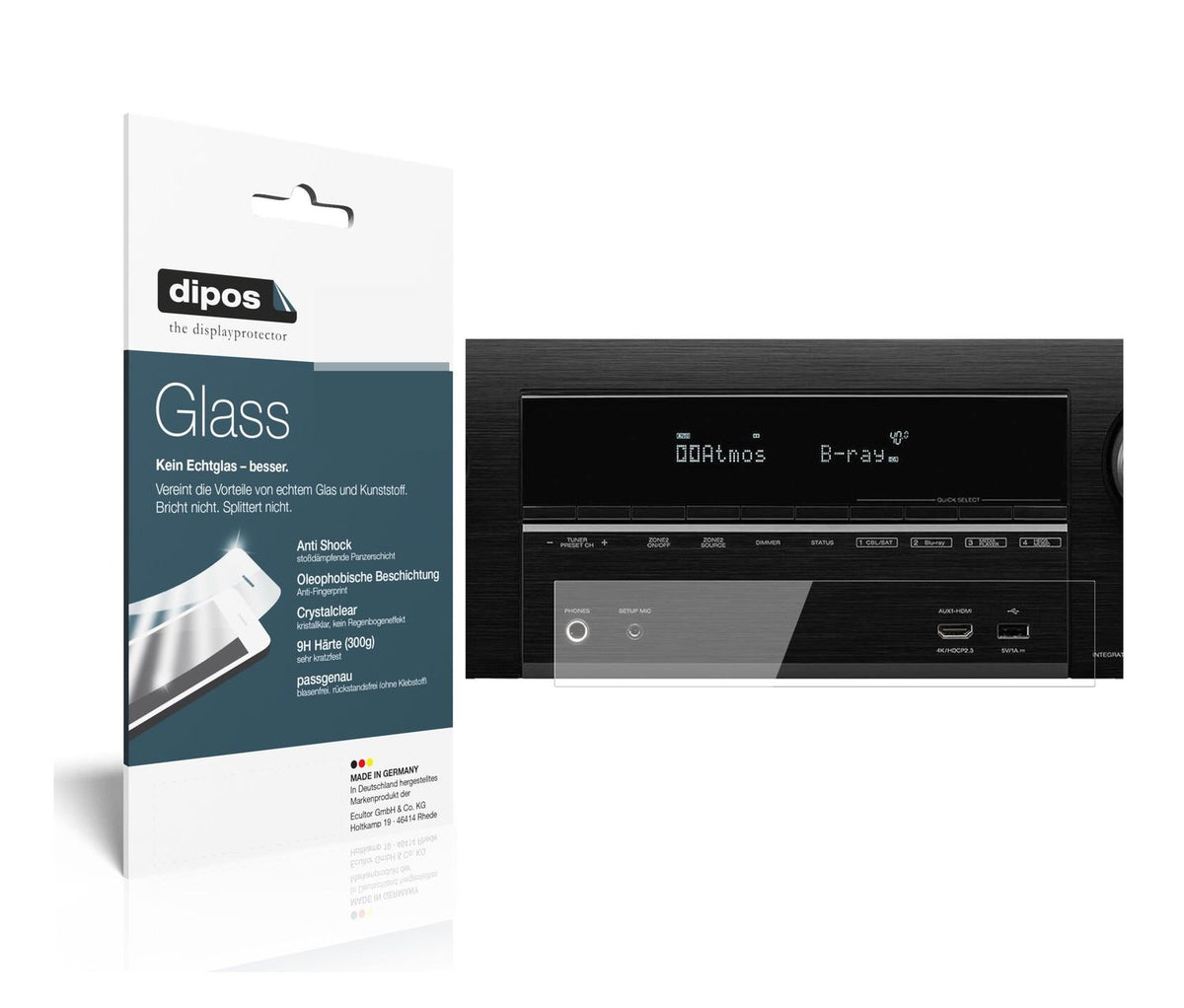 Klare Displayschutzfolie von dipos passend für Denon AVR-X3600H, 9H kratzfest und blasenfrei montiert