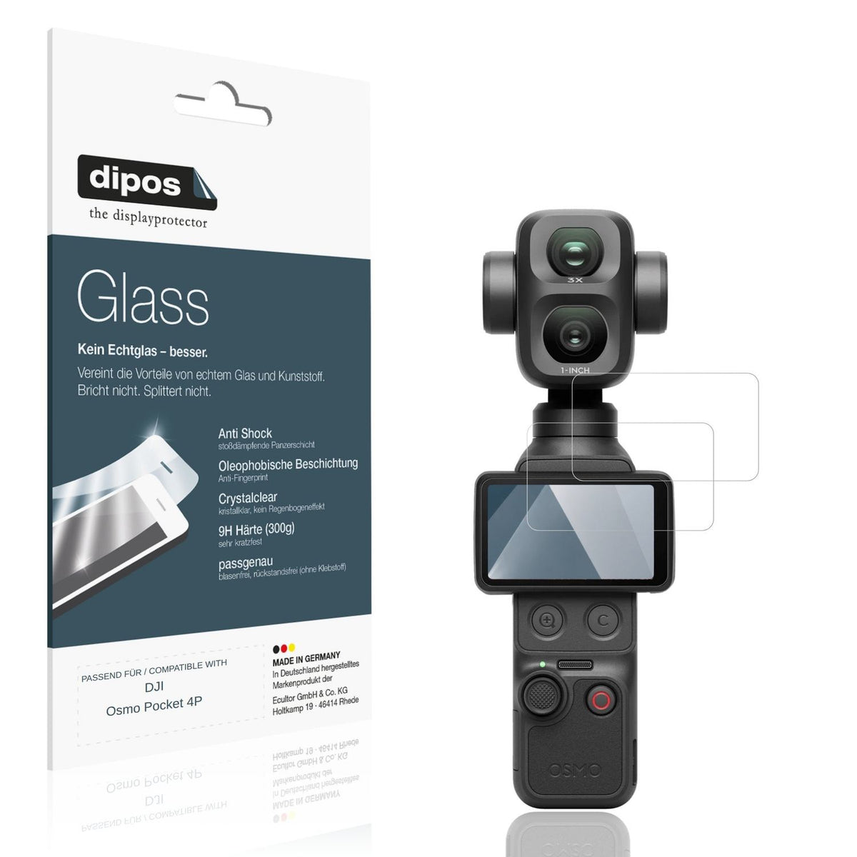Klare Displayschutzfolie von dipos passend für DJI Osmo Pocket 4P, 9H kratzfest und blasenfrei montiert