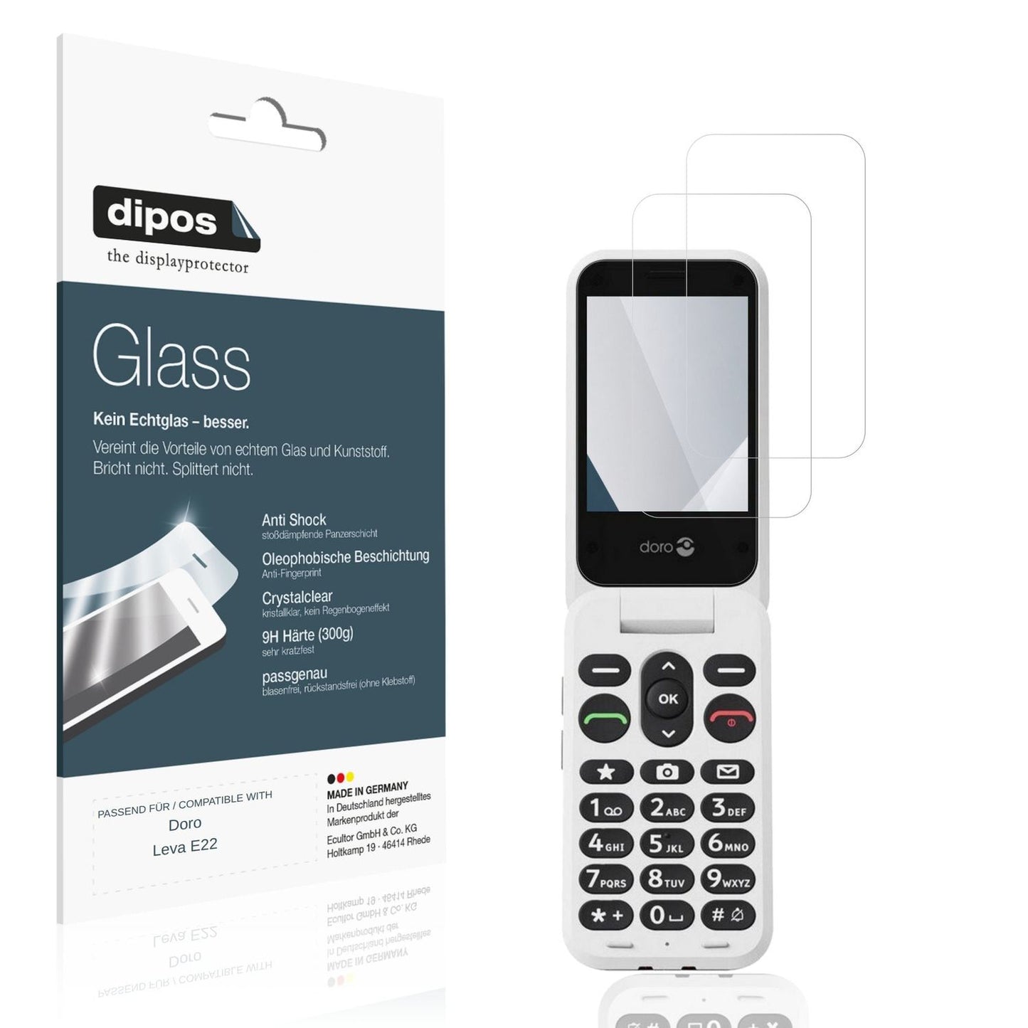 Klare Displayschutzfolie von dipos passend für Doro Leva E22, 9H kratzfest und blasenfrei montiert