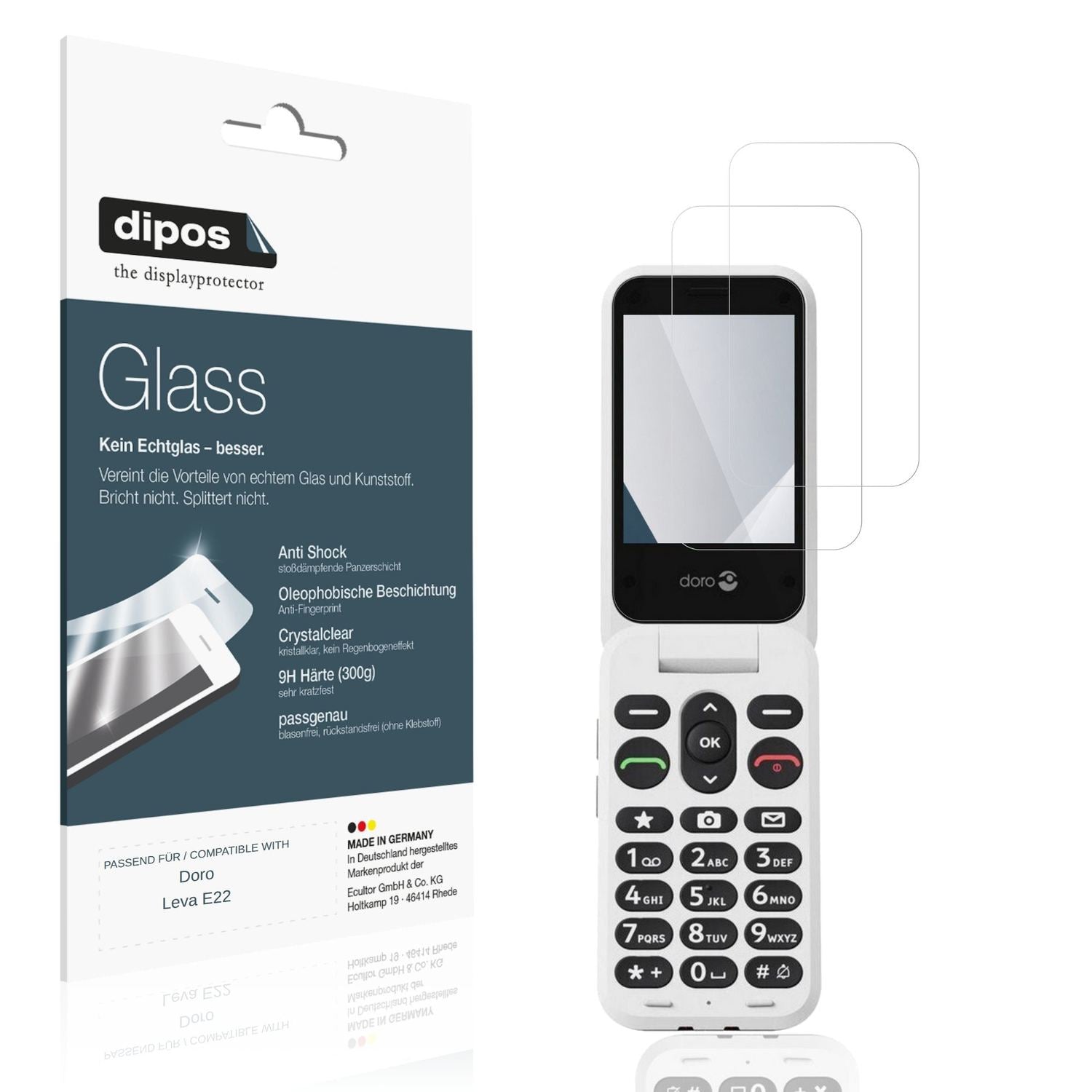 Klare Displayschutzfolie von dipos passend für Doro Leva E22, 9H kratzfest und blasenfrei montiert