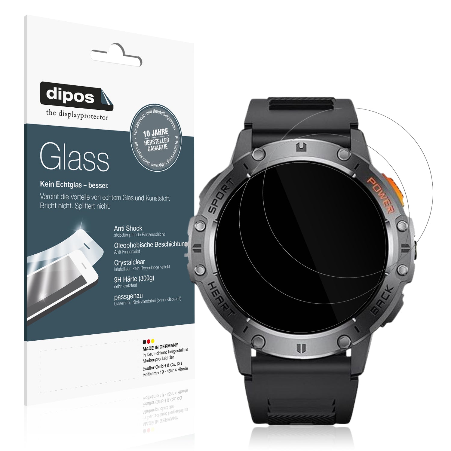 Klare Displayschutzfolie von dipos passend für Dremac 1.43 Zoll Smartwatch, 9H kratzfest und blasenfrei montiert