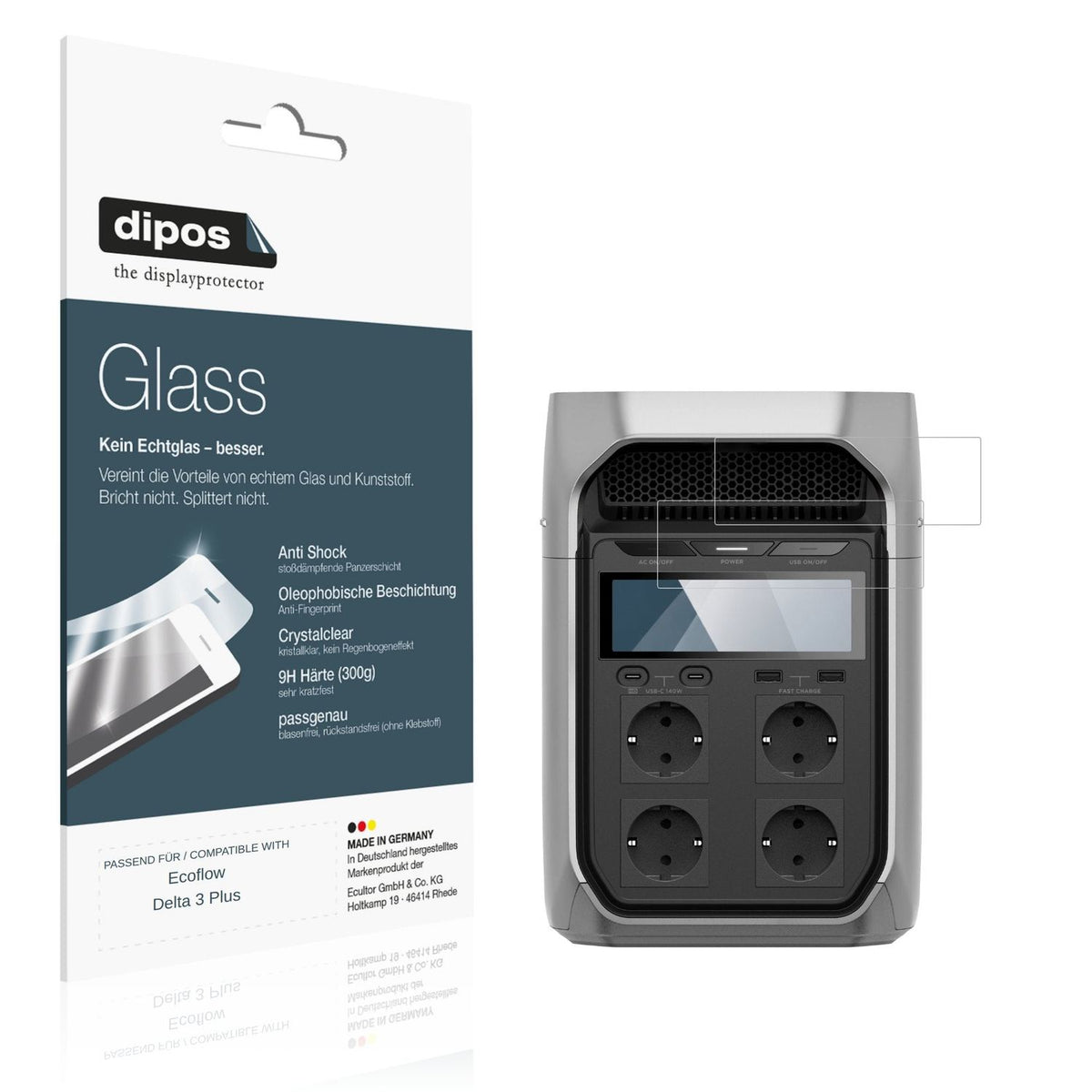 Klare Displayschutzfolie von dipos passend für Ecoflow Delta 3 Plus, 9H kratzfest und blasenfrei montiert