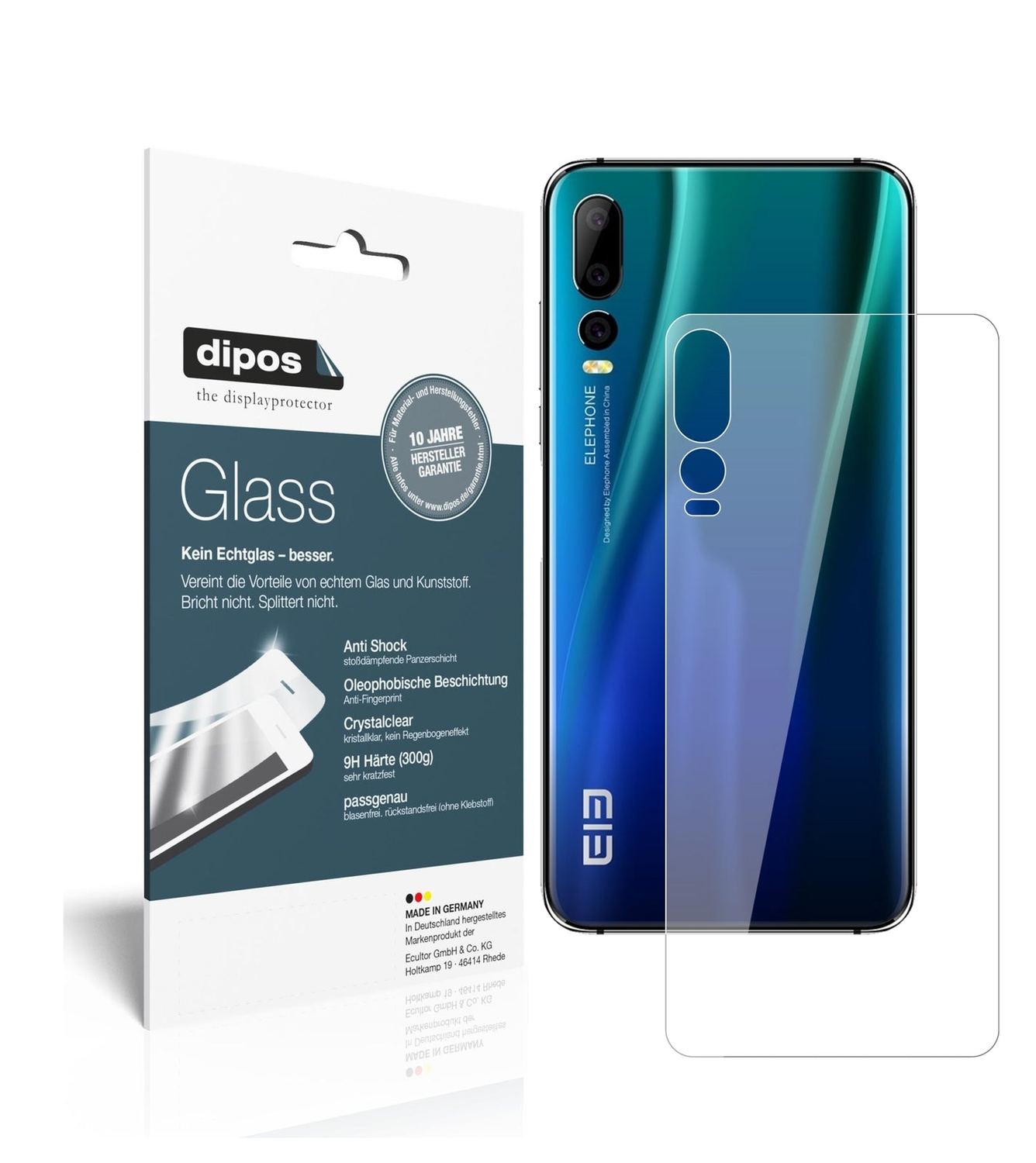 Klare Displayschutzfolie von dipos passend für Elephone A5 Rückseite, 9H kratzfest und blasenfrei montiert