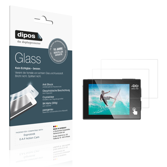 Klare Displayschutzfolie von dipos passend für Exprotrek E-A-F Action Cam, 9H kratzfest und blasenfrei montiert