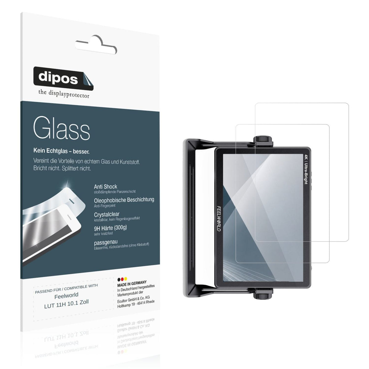 Klare Displayschutzfolie von dipos passend für Feelworld LUT 11H 10.1 Zoll, 9H kratzfest und blasenfrei montiert
