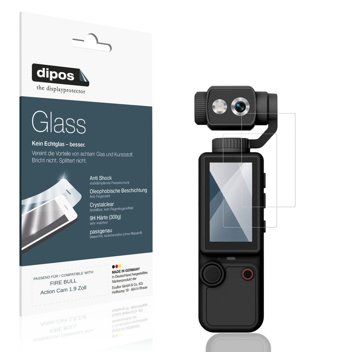 Klare Displayschutzfolie von dipos passend für FIRE BULL Action Cam 1.9 Zoll, 9H kratzfest und blasenfrei montiert