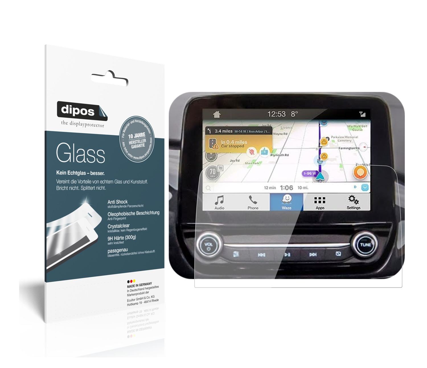 Klare Displayschutzfolie von dipos passend für Ford EcoSport Display (ab 2017), 9H kratzfest und blasenfrei montiert