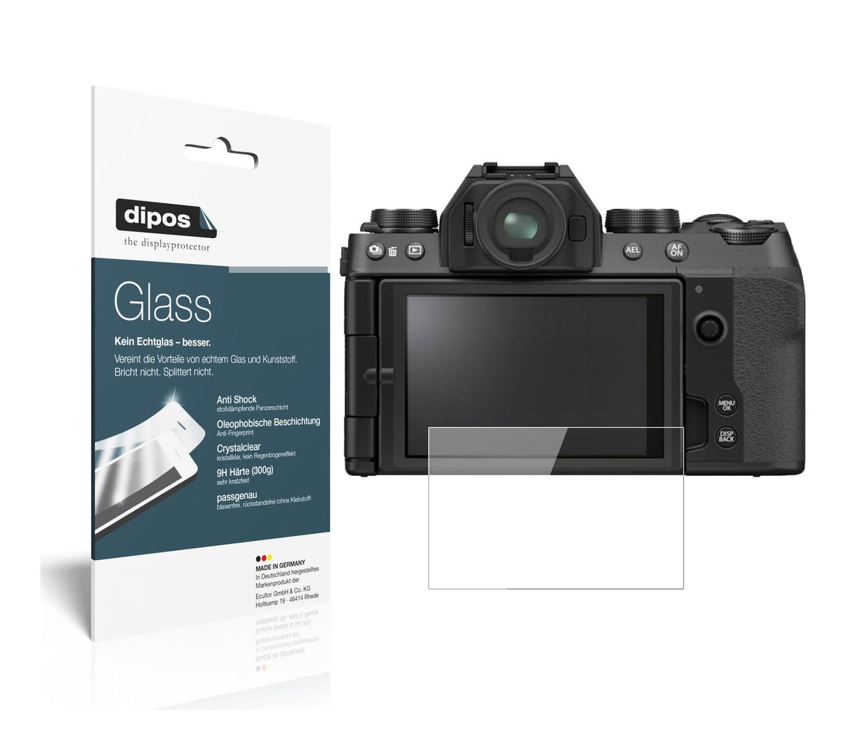 Klare Displayschutzfolie von dipos passend für Fujifilm X-S10, 9H kratzfest und blasenfrei montiert