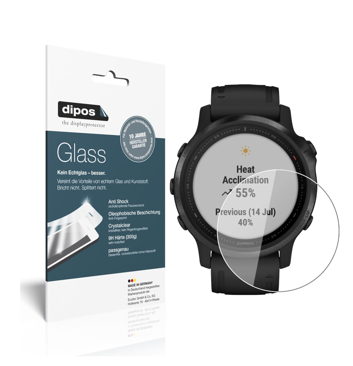 Klare Displayschutzfolie von dipos passend für Garmin fenix 6S Pro, 9H kratzfest und blasenfrei montiert