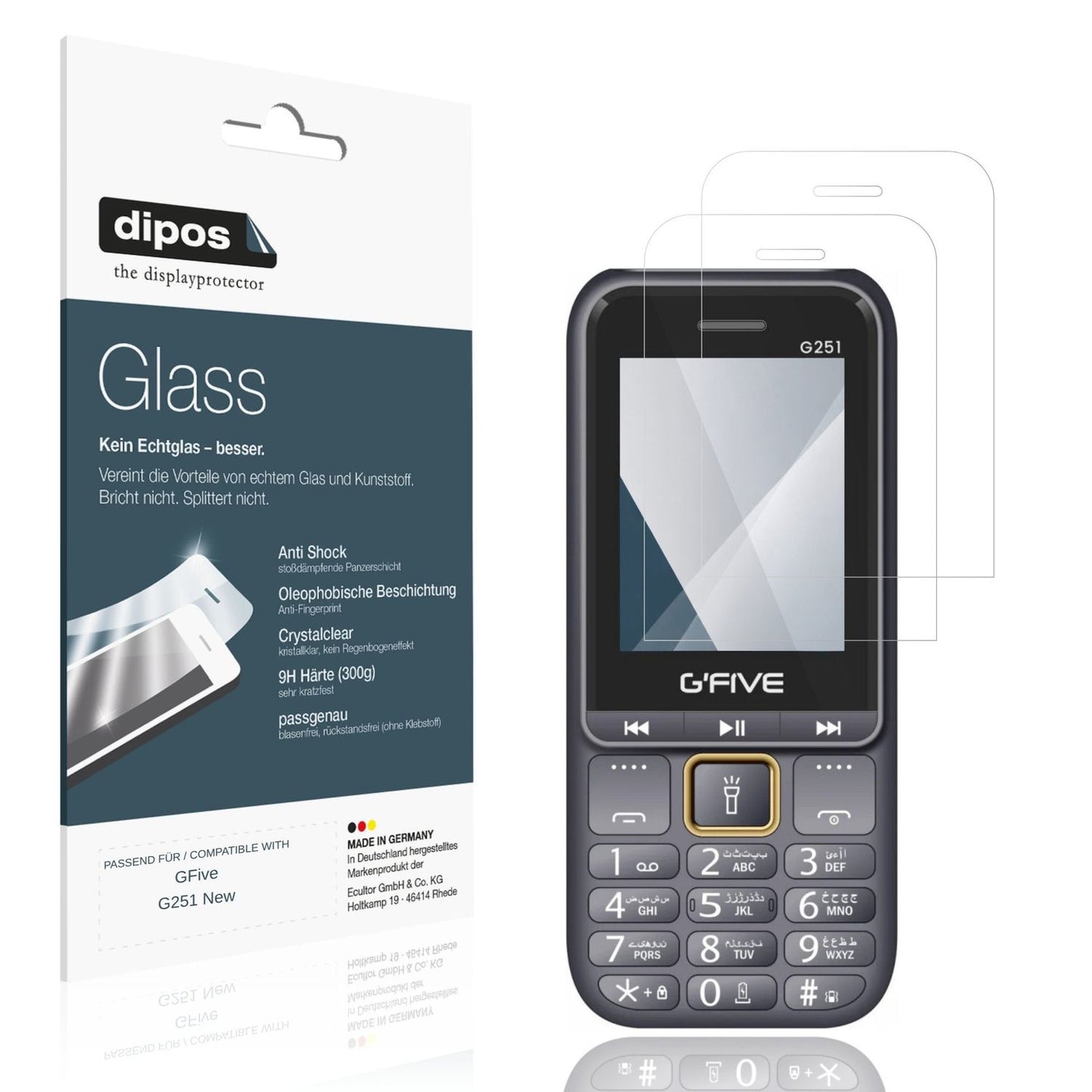 Klare Displayschutzfolie von dipos passend für GFive G251 New, 9H kratzfest und blasenfrei montiert