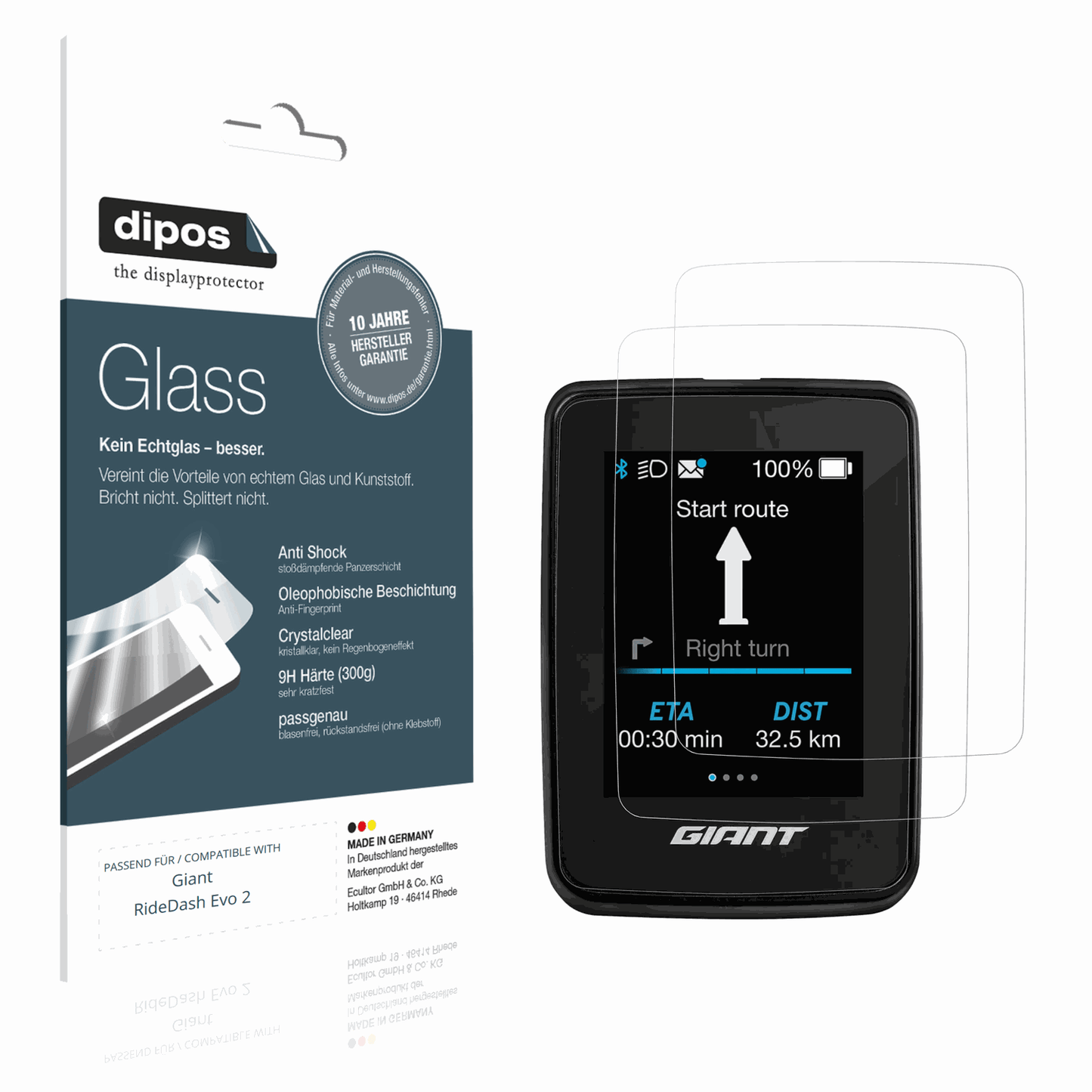 Klare Displayschutzfolie von dipos passend für Giant RideDash Evo 2, 9H kratzfest und blasenfrei montiert