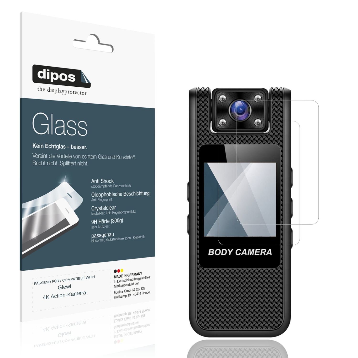 Klare Displayschutzfolie von dipos passend für Glewi 4K Action-Kamera, 9H kratzfest und blasenfrei montiert