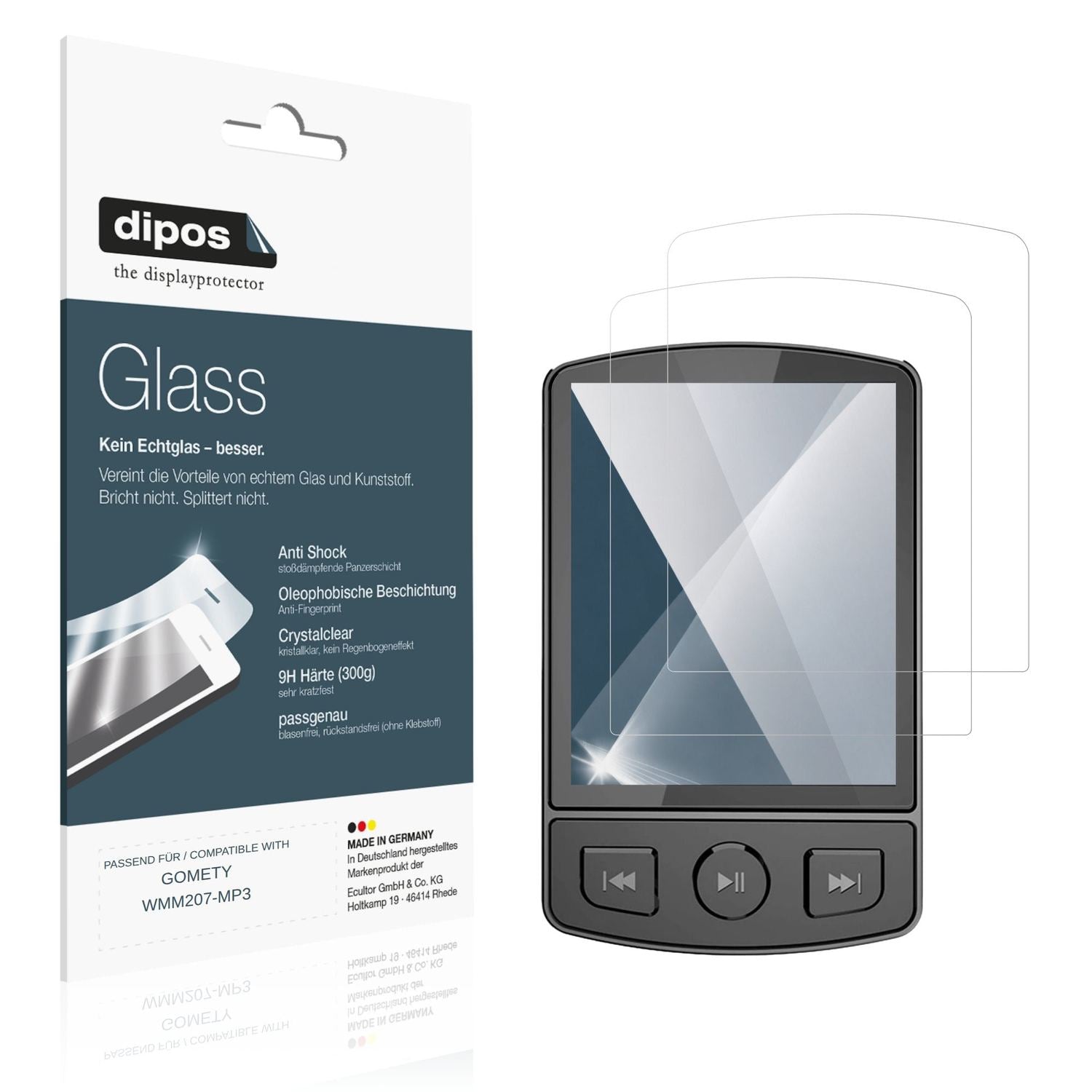 Klare Displayschutzfolie von dipos passend für GOMETY WMM207-MP3, 9H kratzfest und blasenfrei montiert