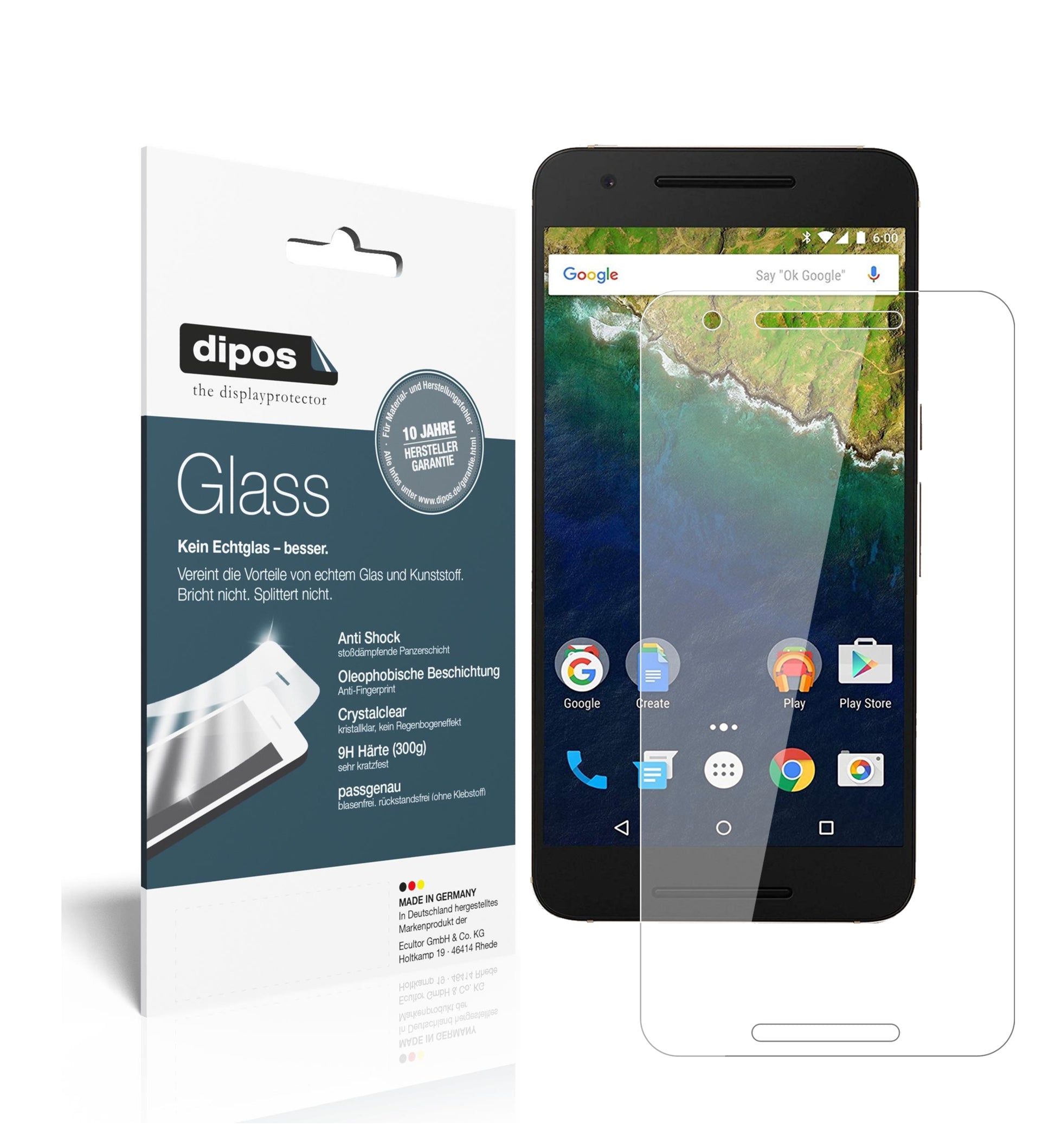 Klare Displayschutzfolie von dipos passend für Google Nexus 6P, 9H kratzfest und blasenfrei montiert