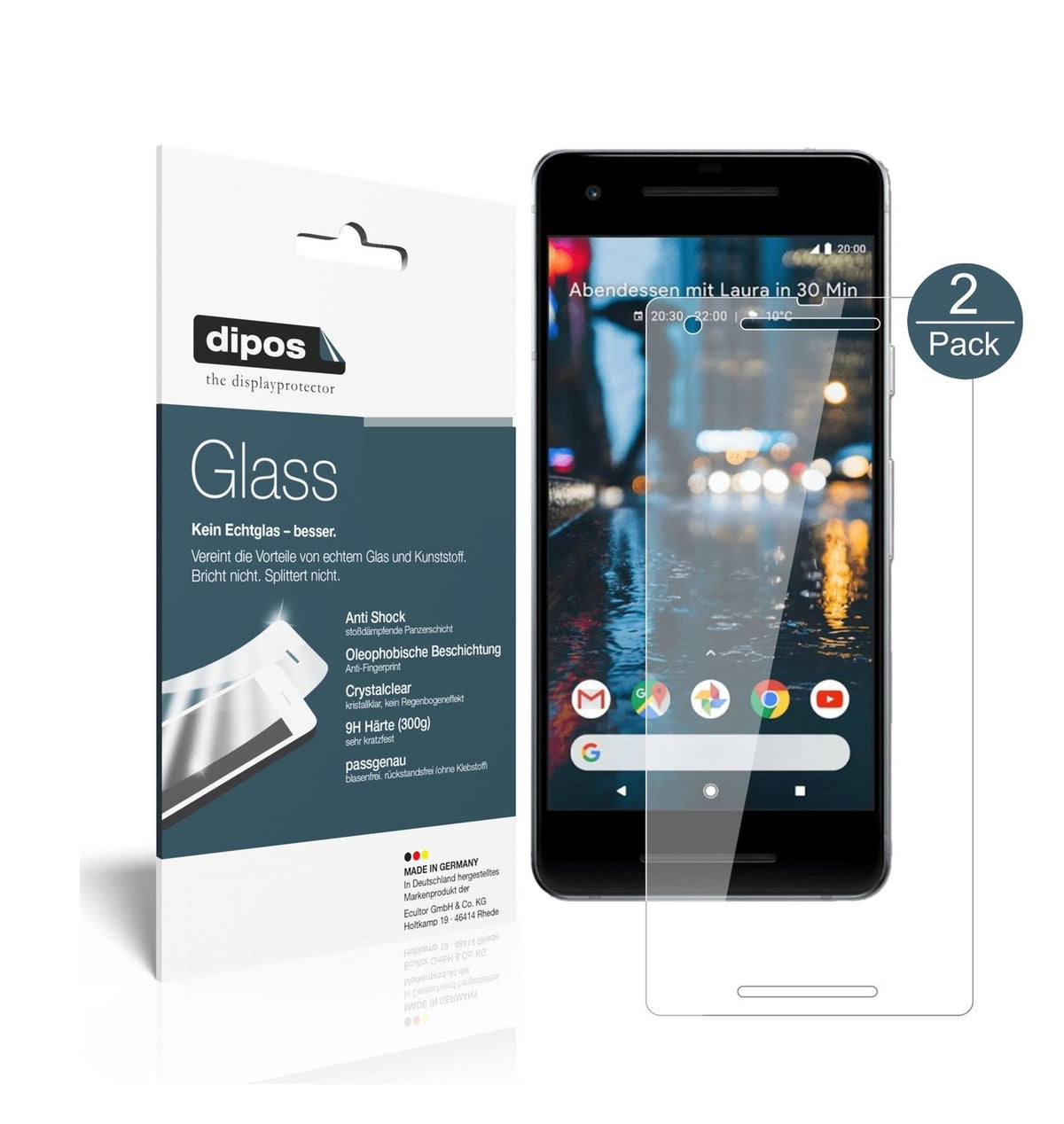 Klare Displayschutzfolie von dipos passend für Google Pixel 2, 9H kratzfest und blasenfrei montiert
