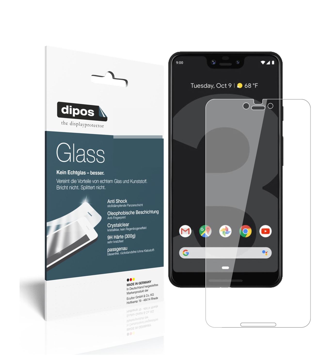 Klare Displayschutzfolie von dipos passend für Google Pixel 3 XL, 9H kratzfest und blasenfrei montiert
