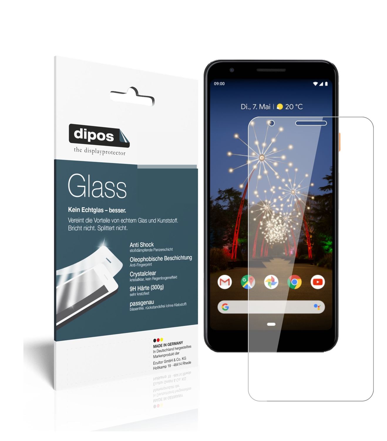Klare Displayschutzfolie von dipos passend für Google Pixel 3a XL, 9H kratzfest und blasenfrei montiert