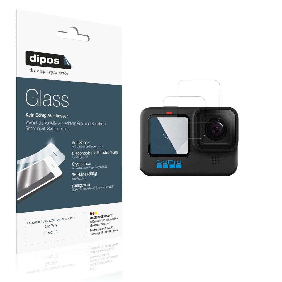 Klare Displayschutzfolie von dipos passend für GoPro Hero 11, 9H kratzfest und blasenfrei montiert
