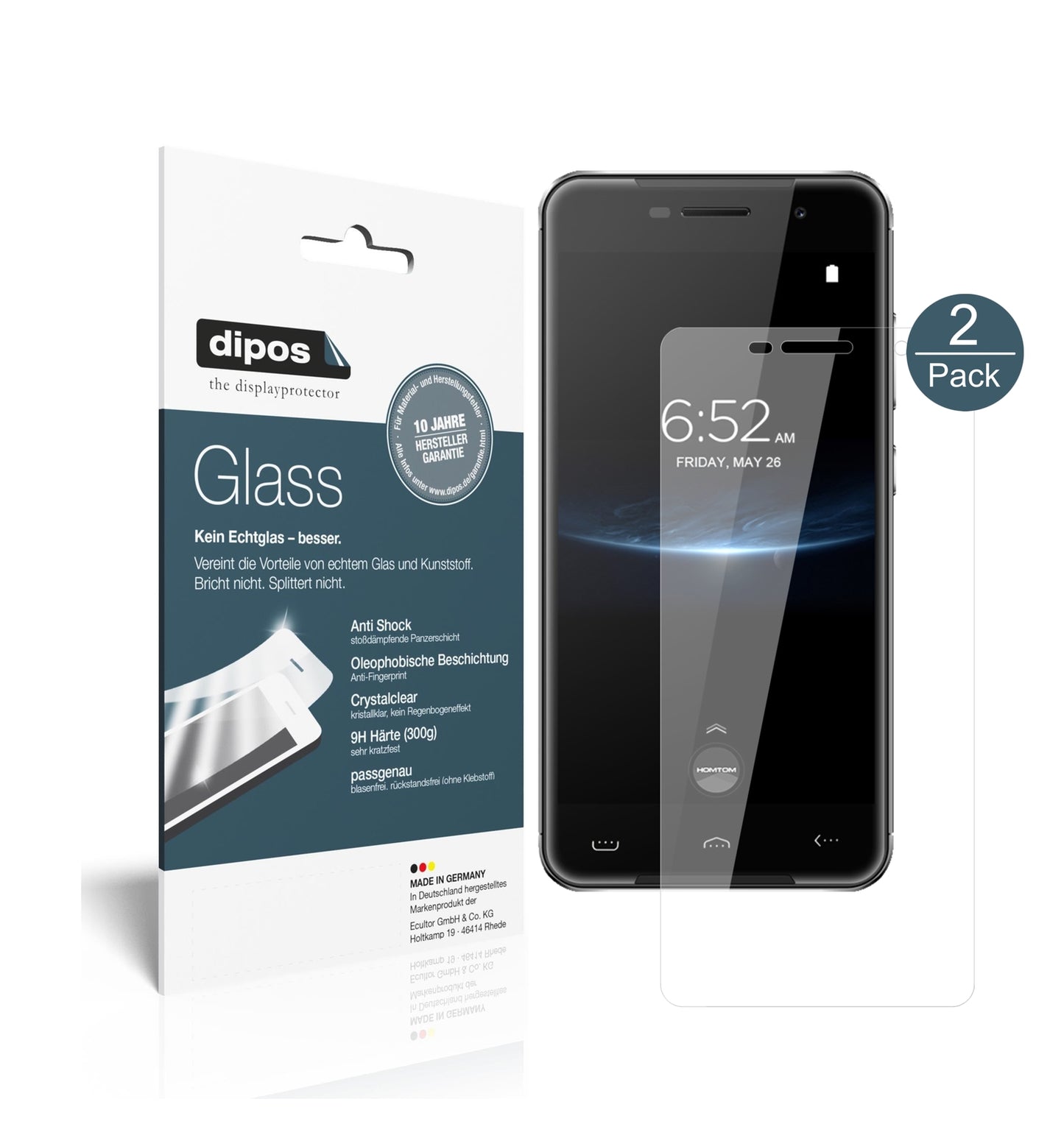 Klare Displayschutzfolie von dipos passend für HOMTOM HT37 Pro, 9H kratzfest und blasenfrei montiert
