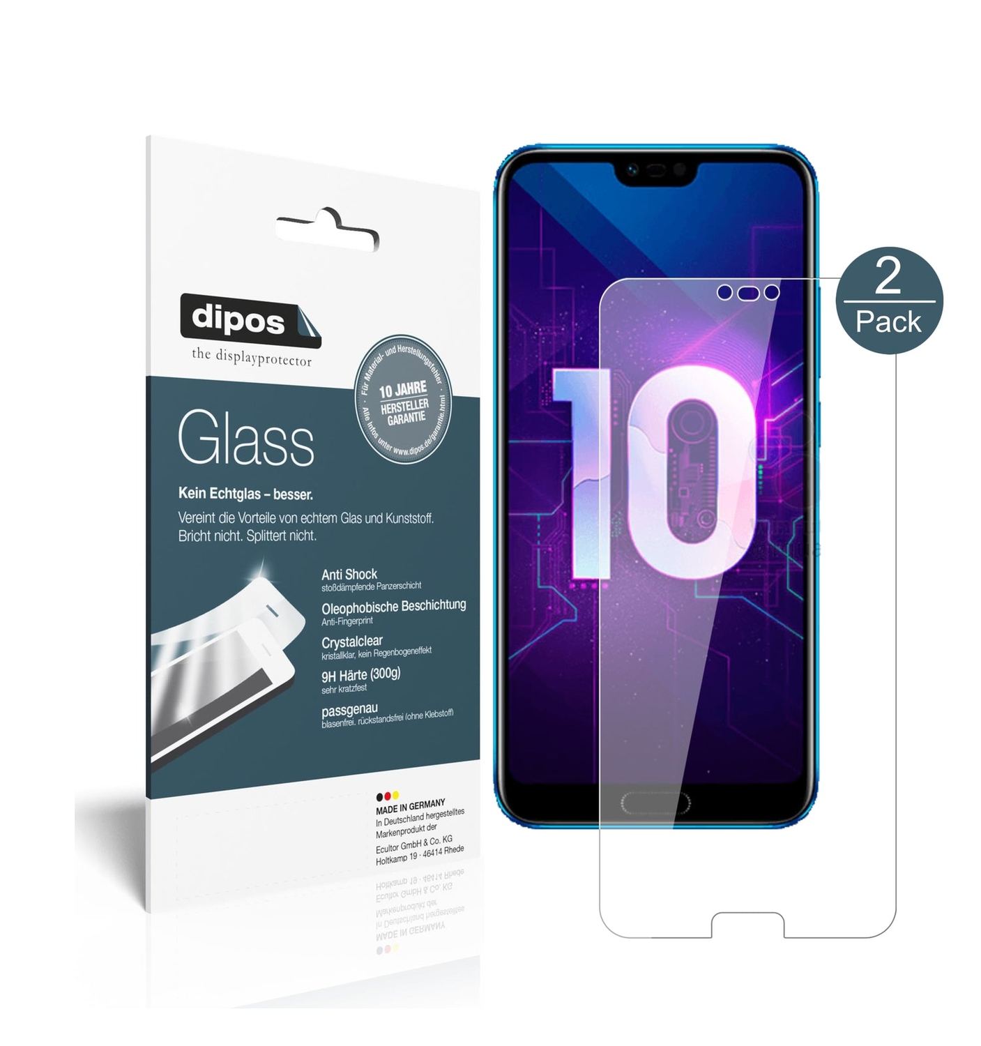 Klare Displayschutzfolie von dipos passend für Huawei Honor 10, 9H kratzfest und blasenfrei montiert