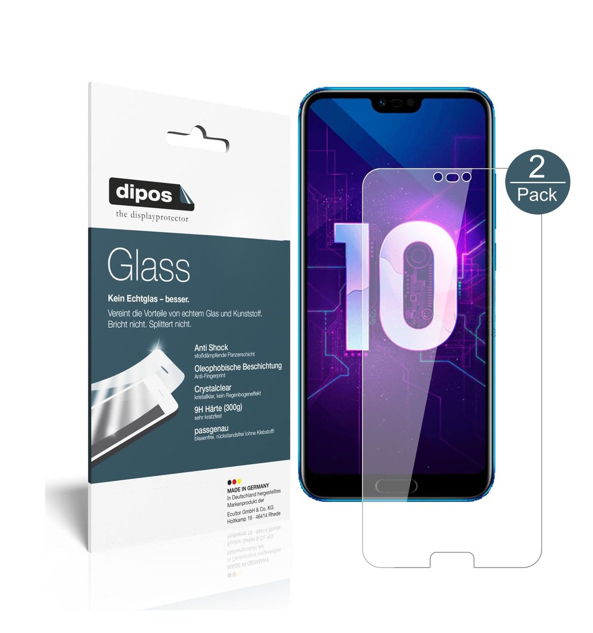 Klare Displayschutzfolie von dipos passend für Huawei Honor 10, 9H kratzfest und blasenfrei montiert
