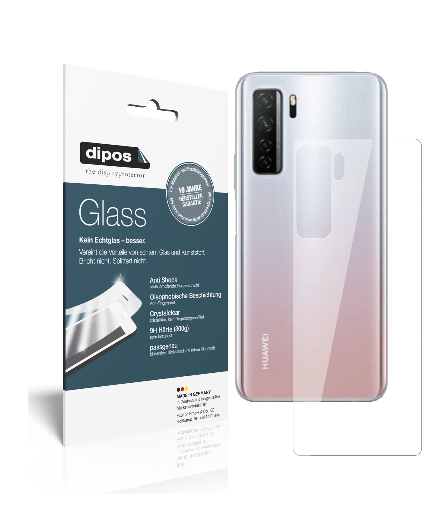 Klare Displayschutzfolie von dipos passend für Huawei P40 lite 5G Rückseite, 9H kratzfest und blasenfrei montiert