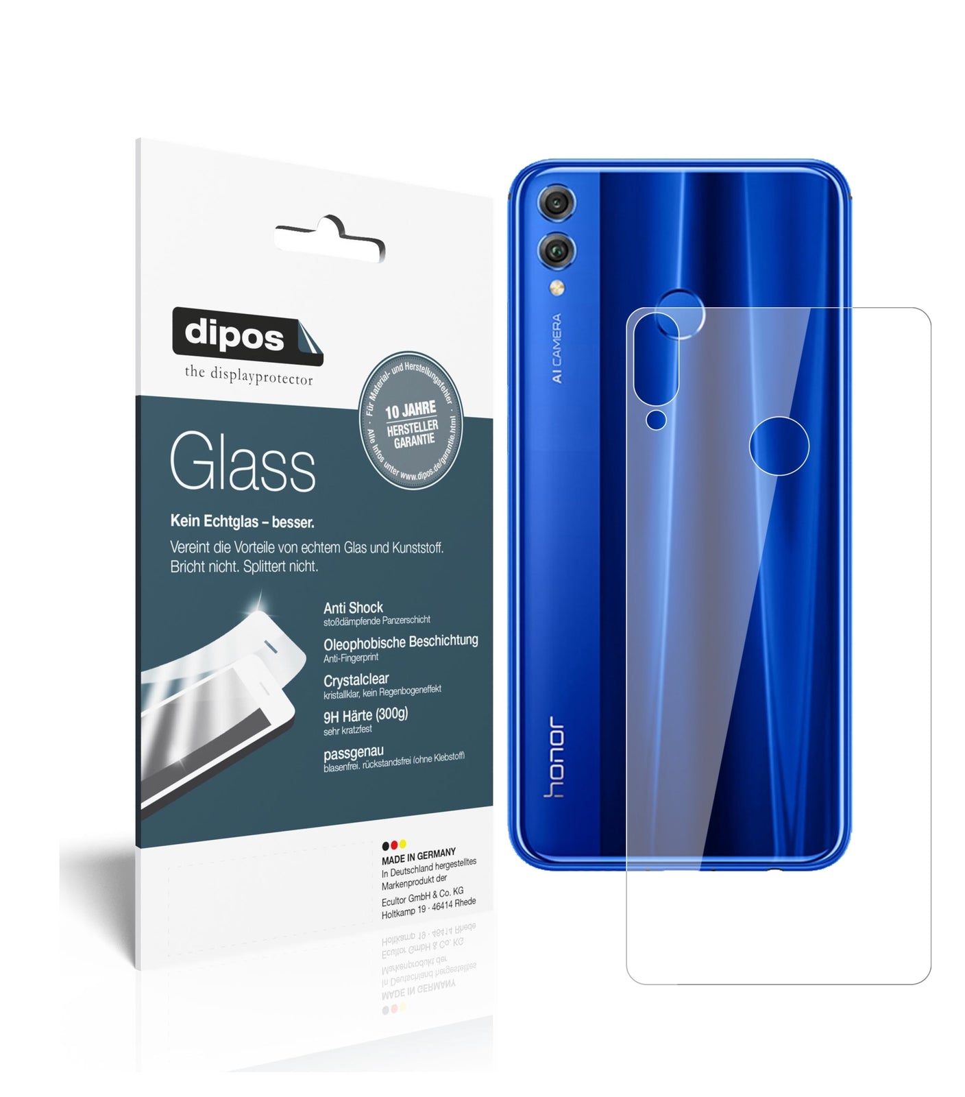 Klare Displayschutzfolie von dipos passend für Honor 8X Max Rückseite, 9H kratzfest und blasenfrei montiert