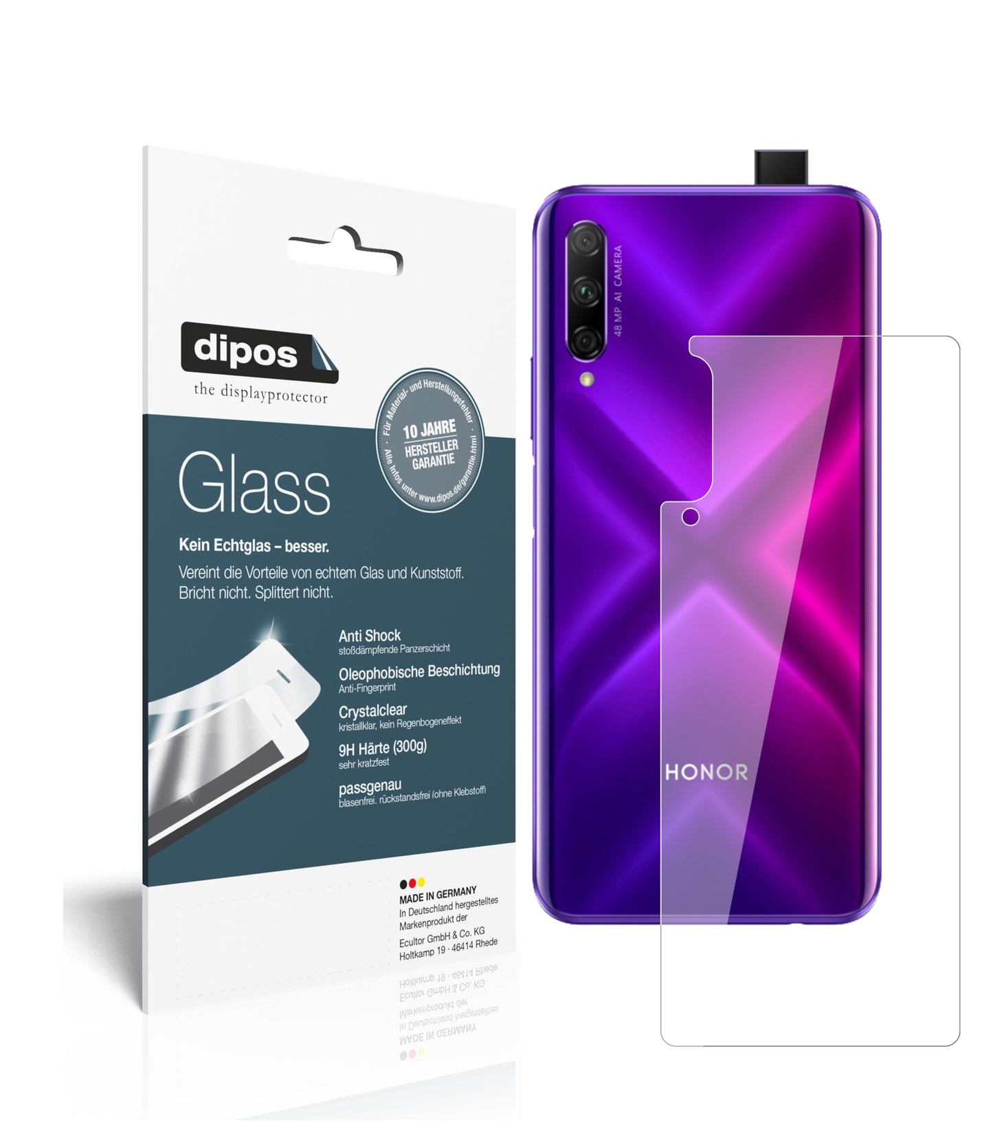 Klare Displayschutzfolie von dipos passend für Huawei Y9s Rückseite, 9H kratzfest und blasenfrei montiert