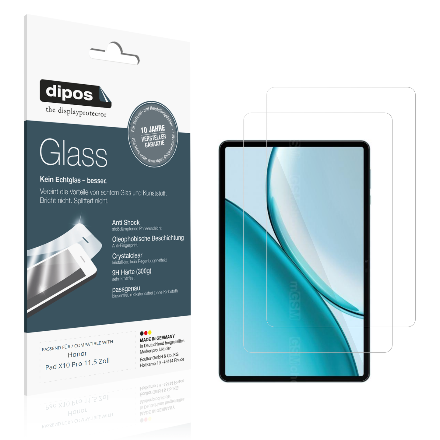 Klare Displayschutzfolie von dipos passend für Honor Pad X10 Pro 11.5 Zoll, 9H kratzfest und blasenfrei montiert