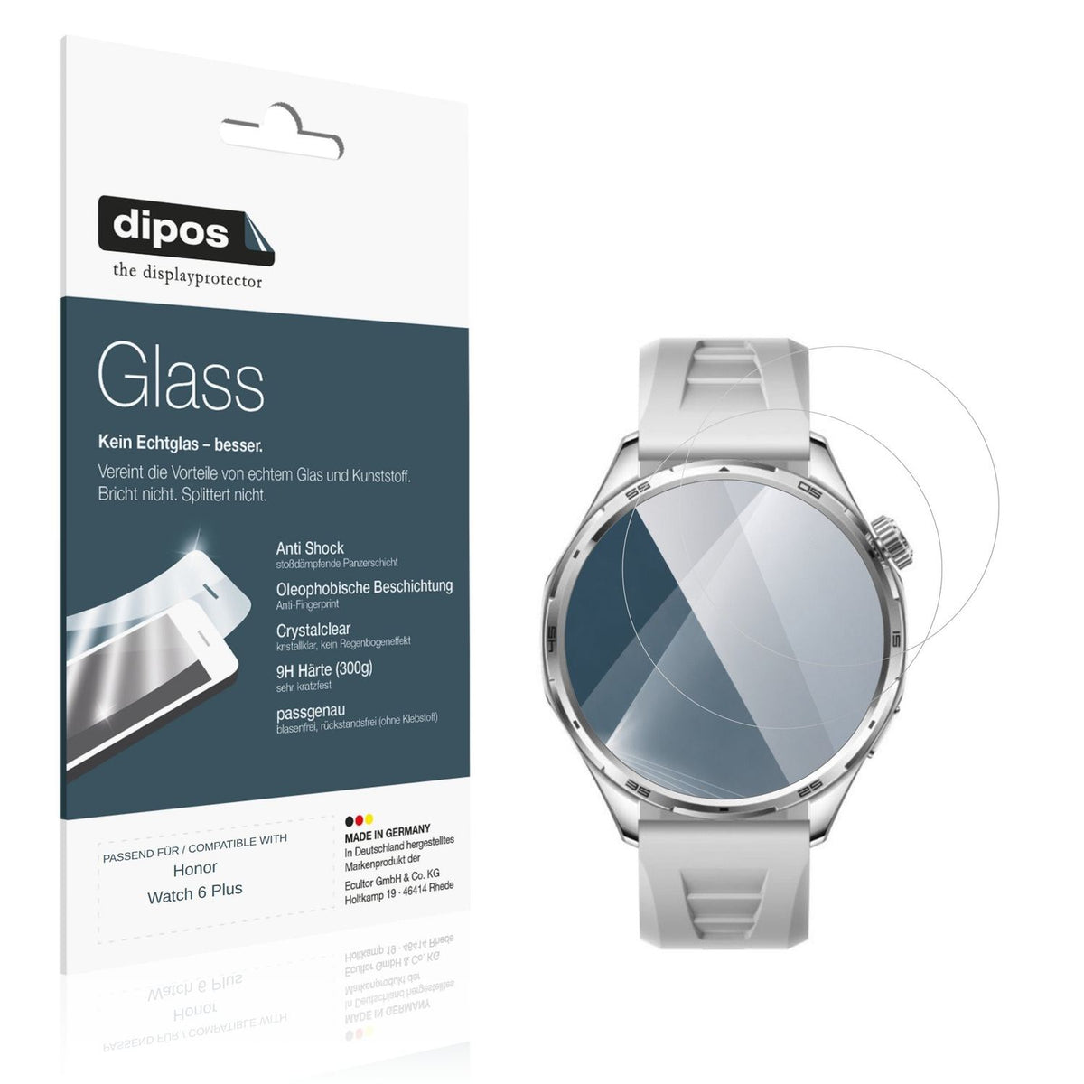 Klare Displayschutzfolie von dipos passend für Honor Watch 6 Plus, 9H kratzfest und blasenfrei montiert