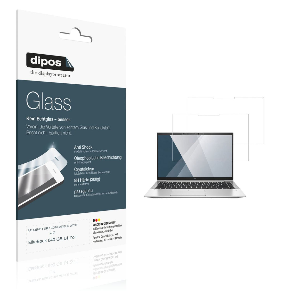Klare Displayschutzfolie von dipos passend für HP EliteBook 840 G8 14 Zoll, 9H kratzfest und blasenfrei montiert