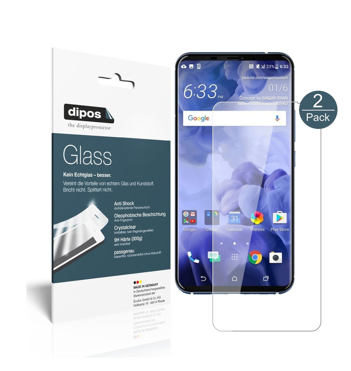 Klare Displayschutzfolie von dipos passend für HTC U11 Plus, 9H kratzfest und blasenfrei montiert