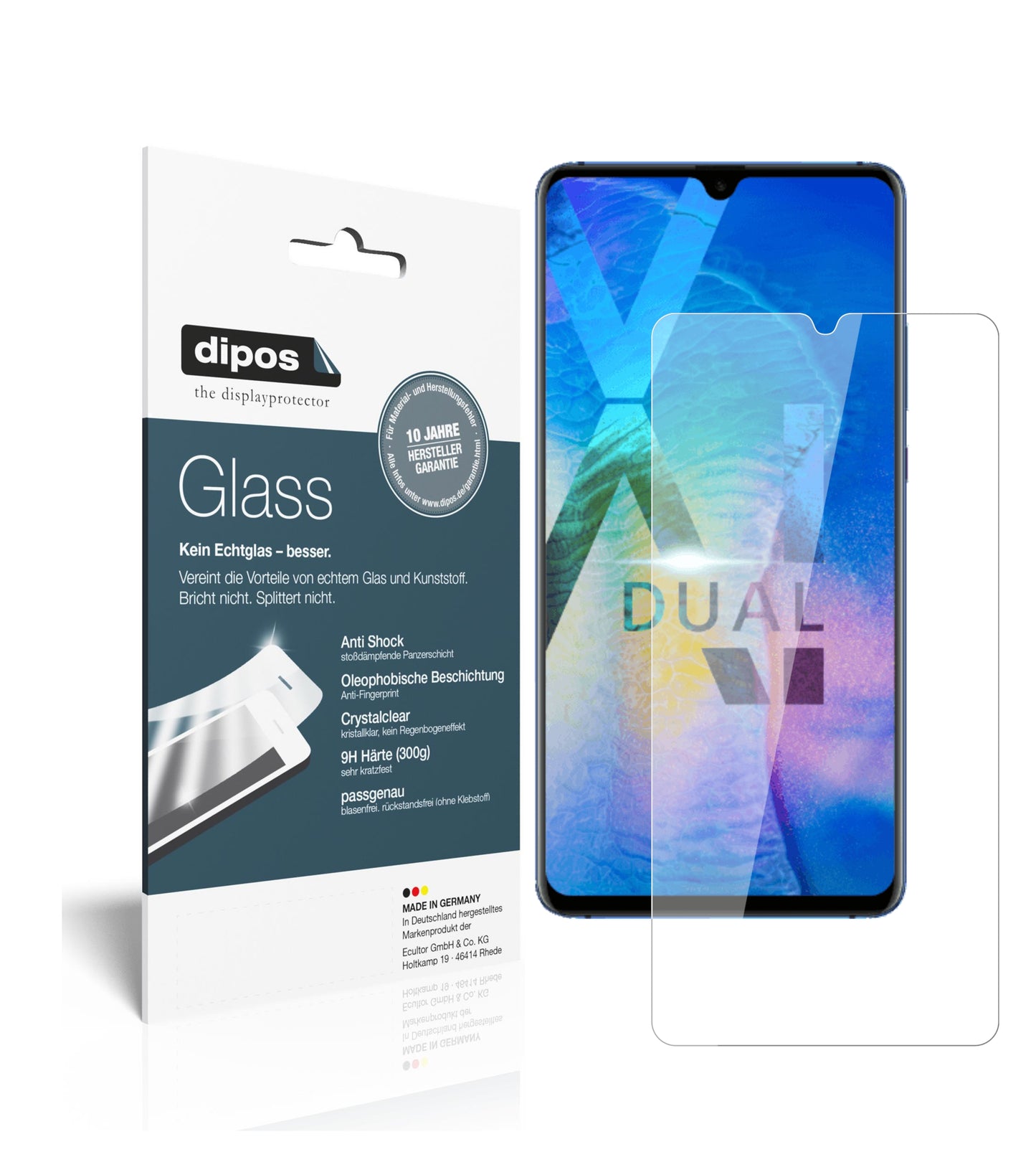 Klare Displayschutzfolie von dipos passend für Huawei Mate 20 X 5G, 9H kratzfest und blasenfrei montiert