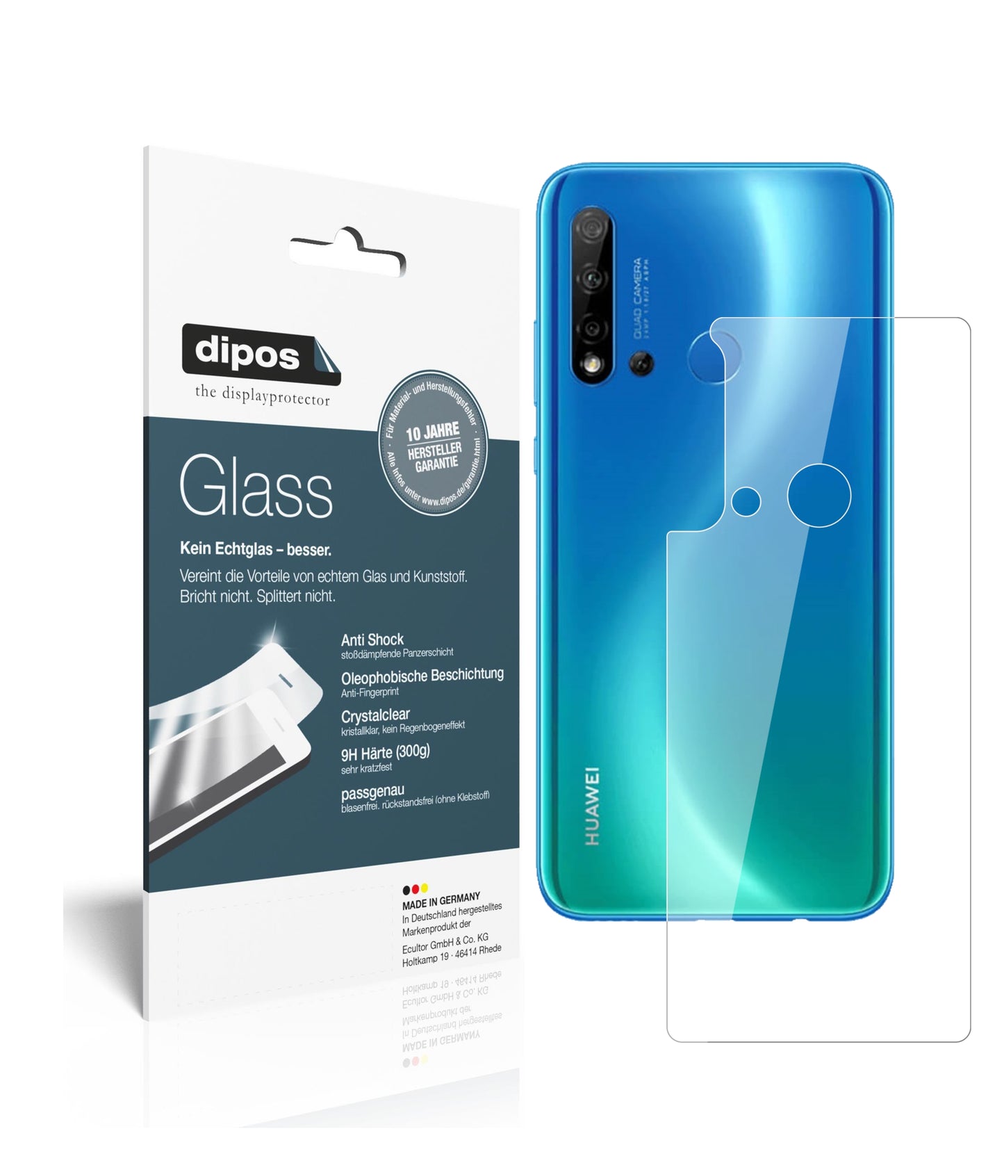 Klare Displayschutzfolie von dipos passend für Huawei nova 5i Rückseite, 9H kratzfest und blasenfrei montiert