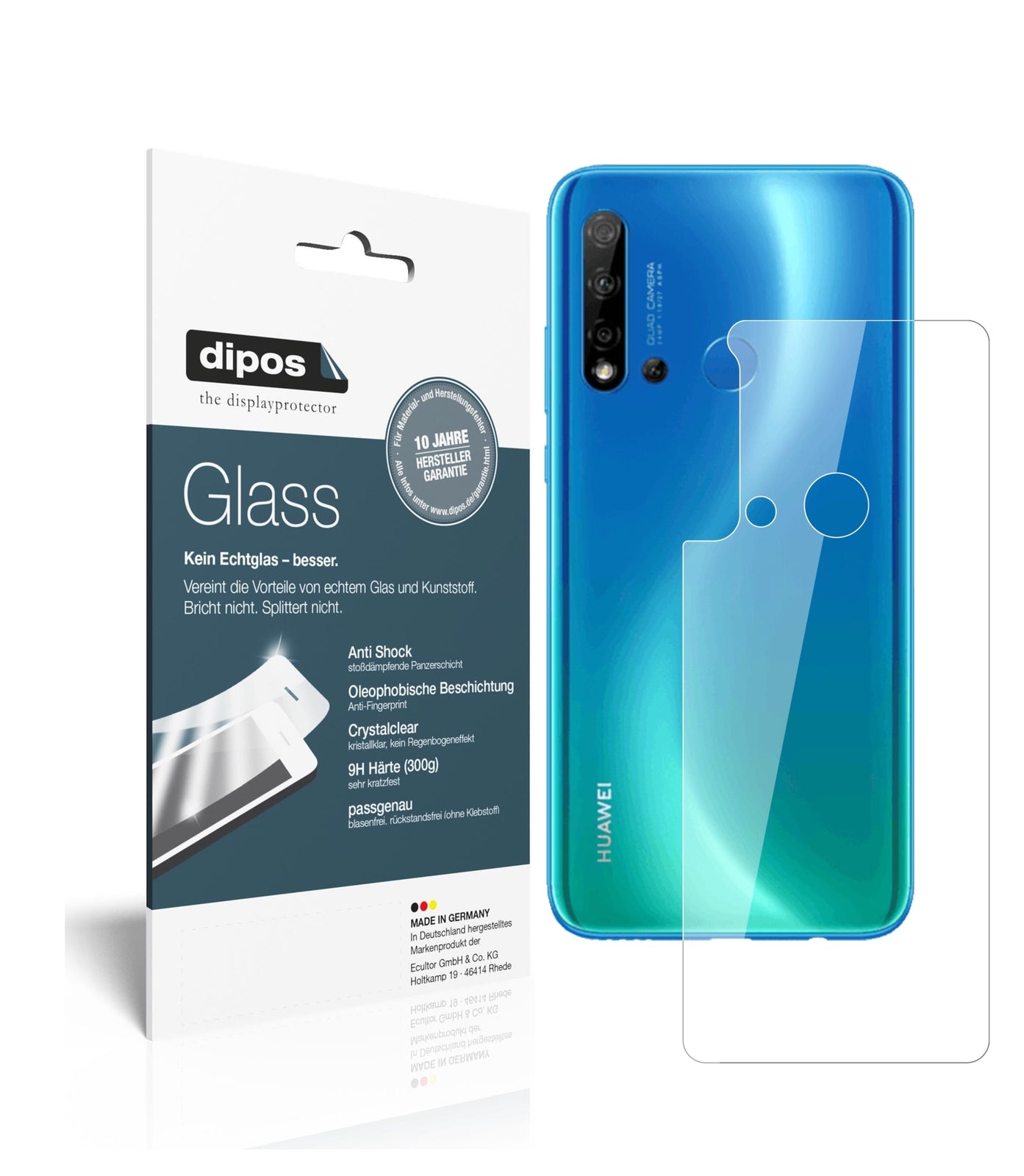 Klare Displayschutzfolie von dipos passend für Huawei P20 lite (2019) Rückseite, 9H kratzfest und blasenfrei montiert