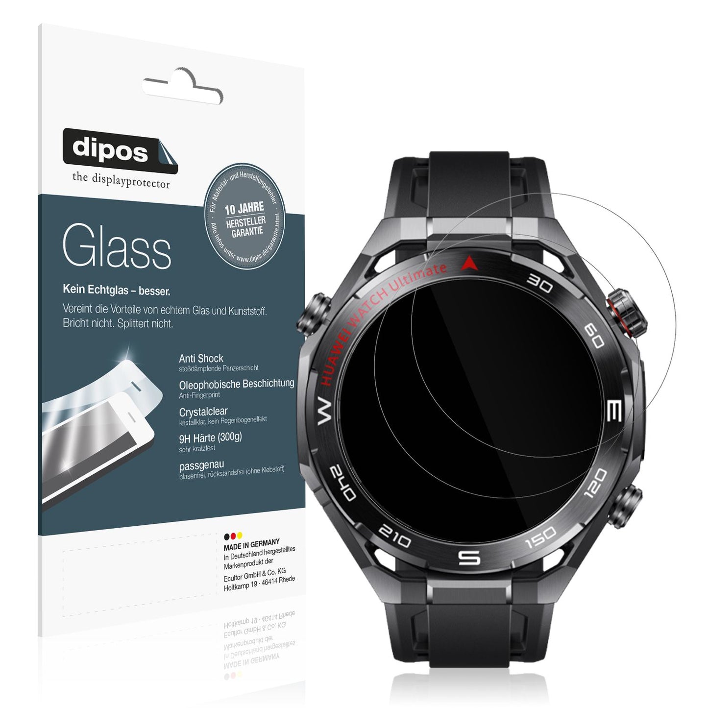 Klare Displayschutzfolie von dipos passend für Huawei Watch Ultimate 2 Black, 9H kratzfest und blasenfrei montiert