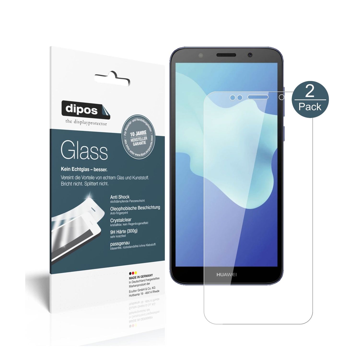 Klare Displayschutzfolie von dipos passend für Huawei Y5 2018, 9H kratzfest und blasenfrei montiert
