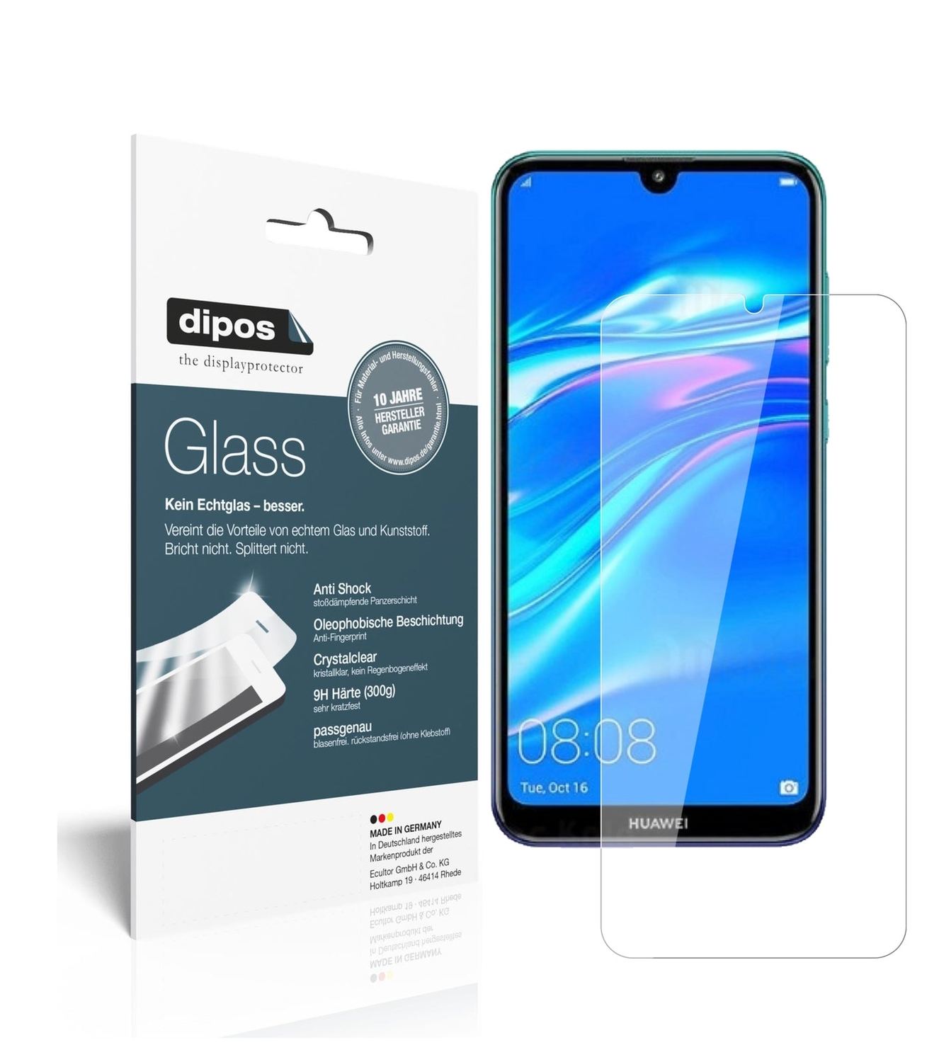 Klare Displayschutzfolie von dipos passend für Huawei Y7 Pro (2019), 9H kratzfest und blasenfrei montiert