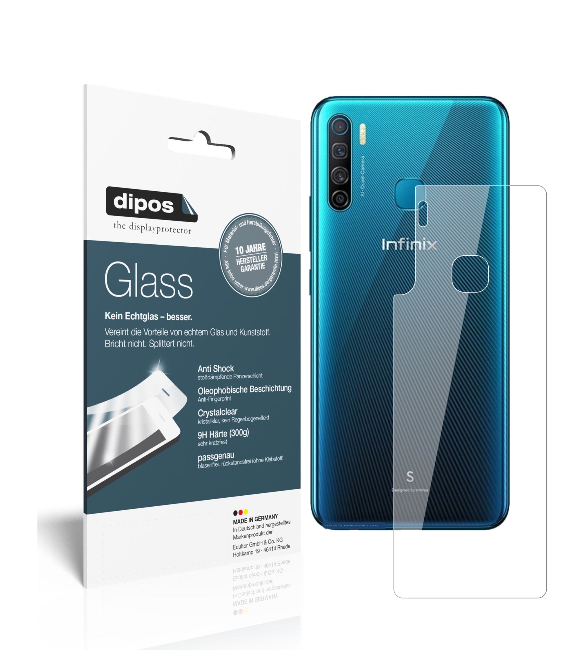 Klare Displayschutzfolie von dipos passend für Infinix S5 Rückseite, 9H kratzfest und blasenfrei montiert