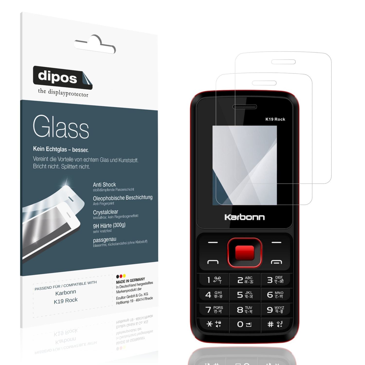 Klare Displayschutzfolie von dipos passend für Karbonn K19 Rock, 9H kratzfest und blasenfrei montiert