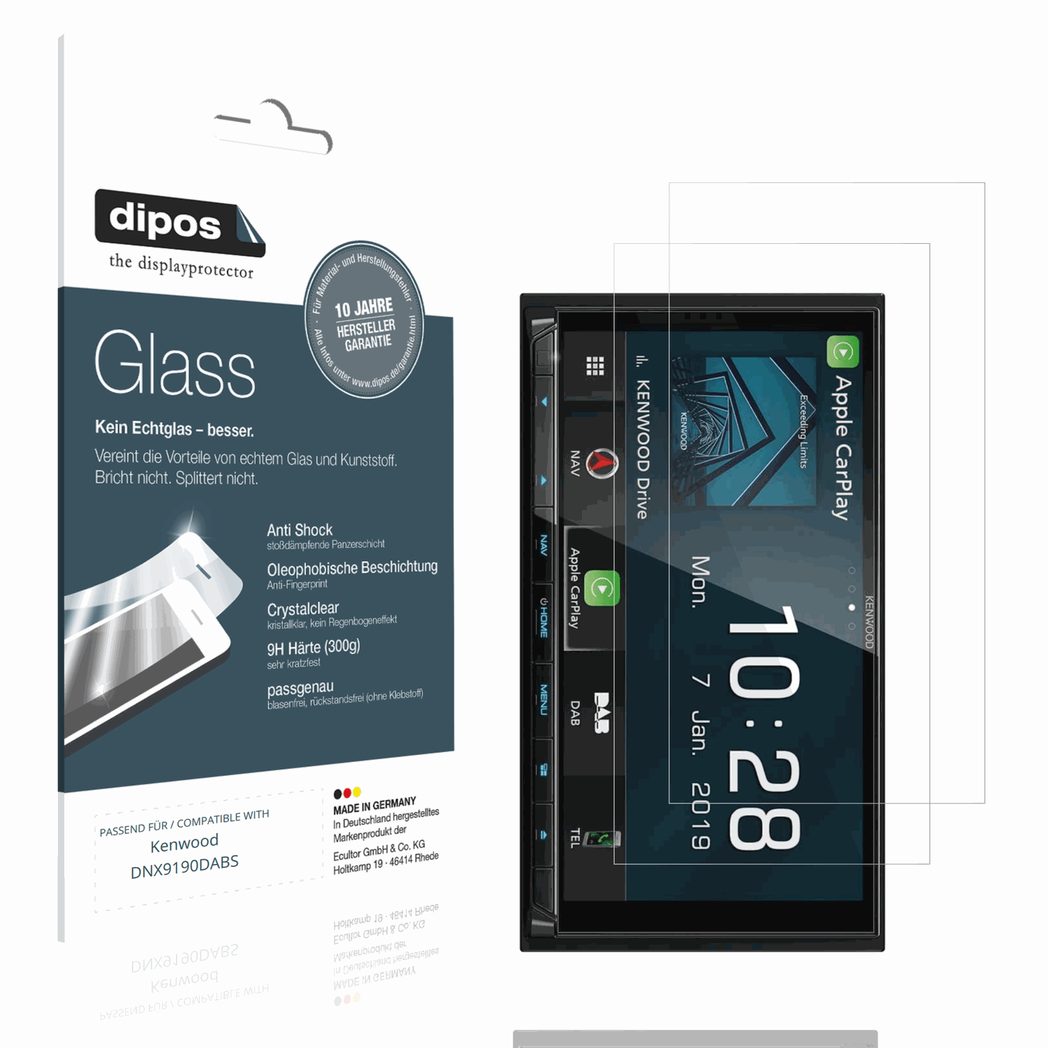 Klare Displayschutzfolie von dipos passend für Kenwood DNX9190DABS, 9H kratzfest und blasenfrei montiert