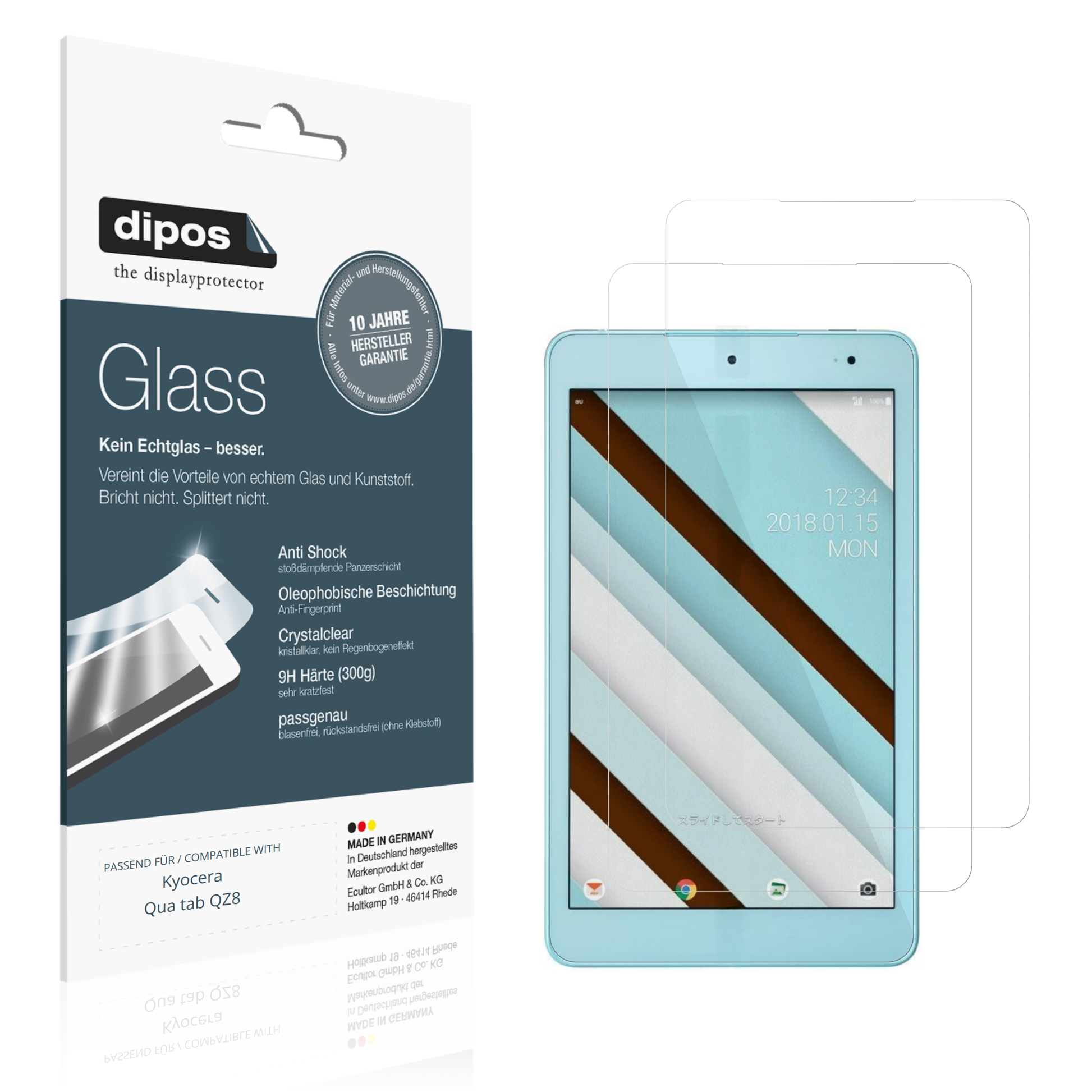 Klare Displayschutzfolie von dipos passend für Kyocera Qua tab QZ8, 9H kratzfest und blasenfrei montiert